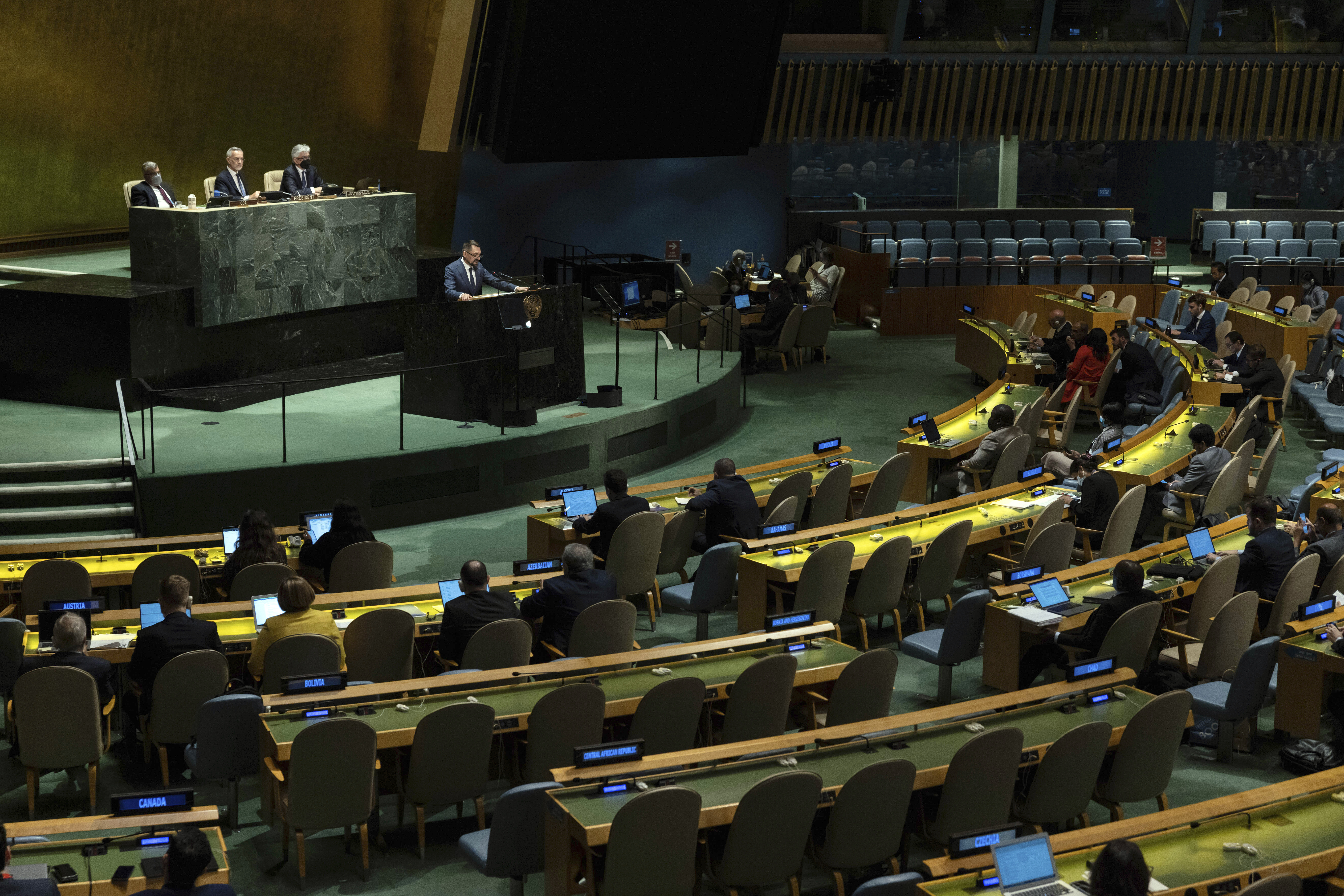 Ukraine's Deputy Minister for Foreign Affairs Mykola Tochytskyi addresses the 2022 Nuclear Non-Proliferation Treaty (NPT) review conference, in the United Nations General Assembly, Monday, Aug. 1, 2022. (AP Photo/Yuki Iwamura)