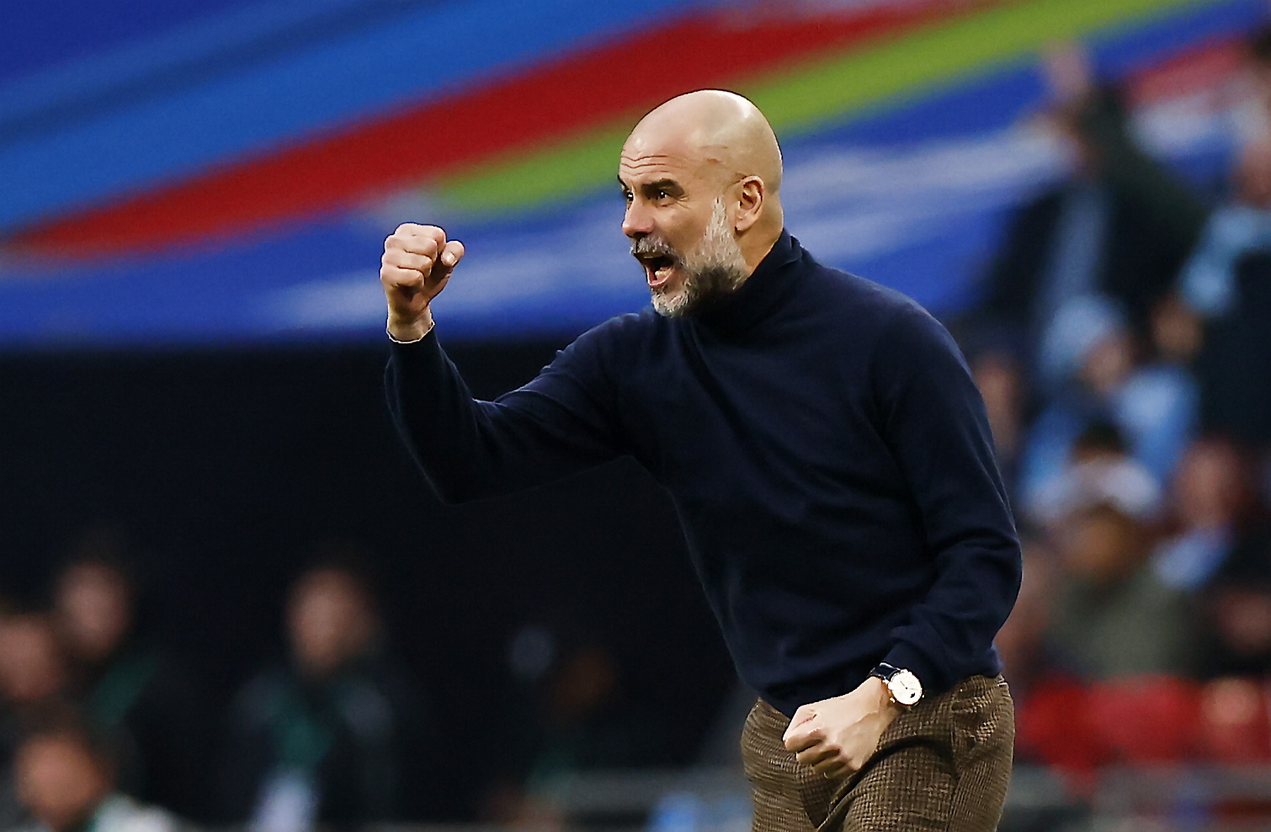 epa12841971 Manchester City manager Pep Guardiola celebrates after his team scored the opening goal during the Carabao Cup final match between Arsenal FC and Manchester City FC, in London, Great Britain, 22 March 2026. EPA/TOLGA AKMEN EDITORIAL USE ONLY. No use with unauthorized audio, video, data, fixture lists, club/league logos, 'live' services or NFTs. Online in-match use limited to 120 images, no video emulation. No use in betting, games or single club/league/player publications.