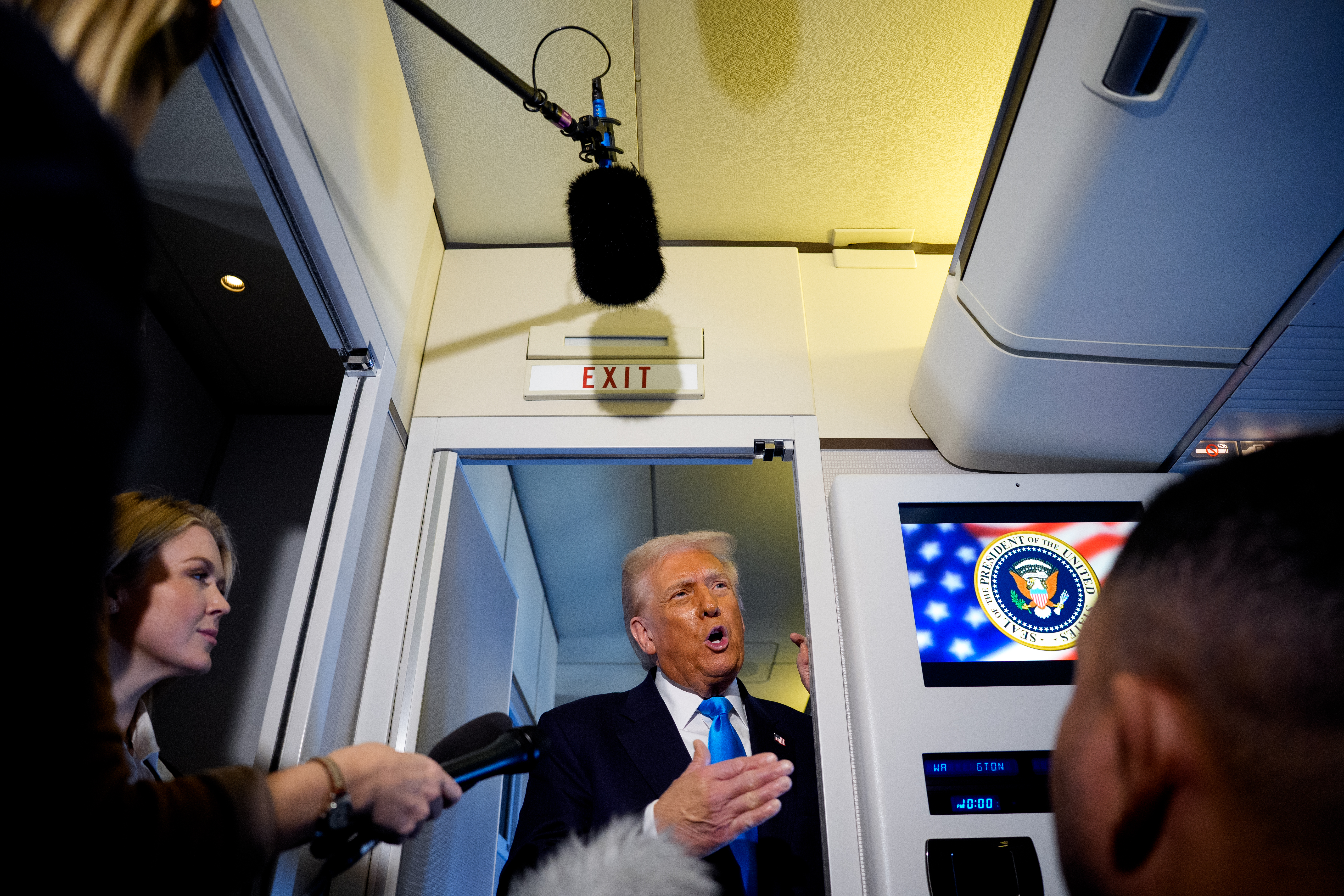 TOKYO, JAPAN - OCTOBER 29: U.S. President Donald Trump speaks to journalists aboard Air Force One en route to South Korea on October 29, 2025 in Japan. Trump is traveling to South Korea for the APEC meetings, following an appearance at the ASEAN summit in Malaysia, and a trip to Japan, where he called on Japanese Emperor Naruhito and new Prime Minister Sanae Takaichi. (Photo by Andrew Harnik/Getty Images)