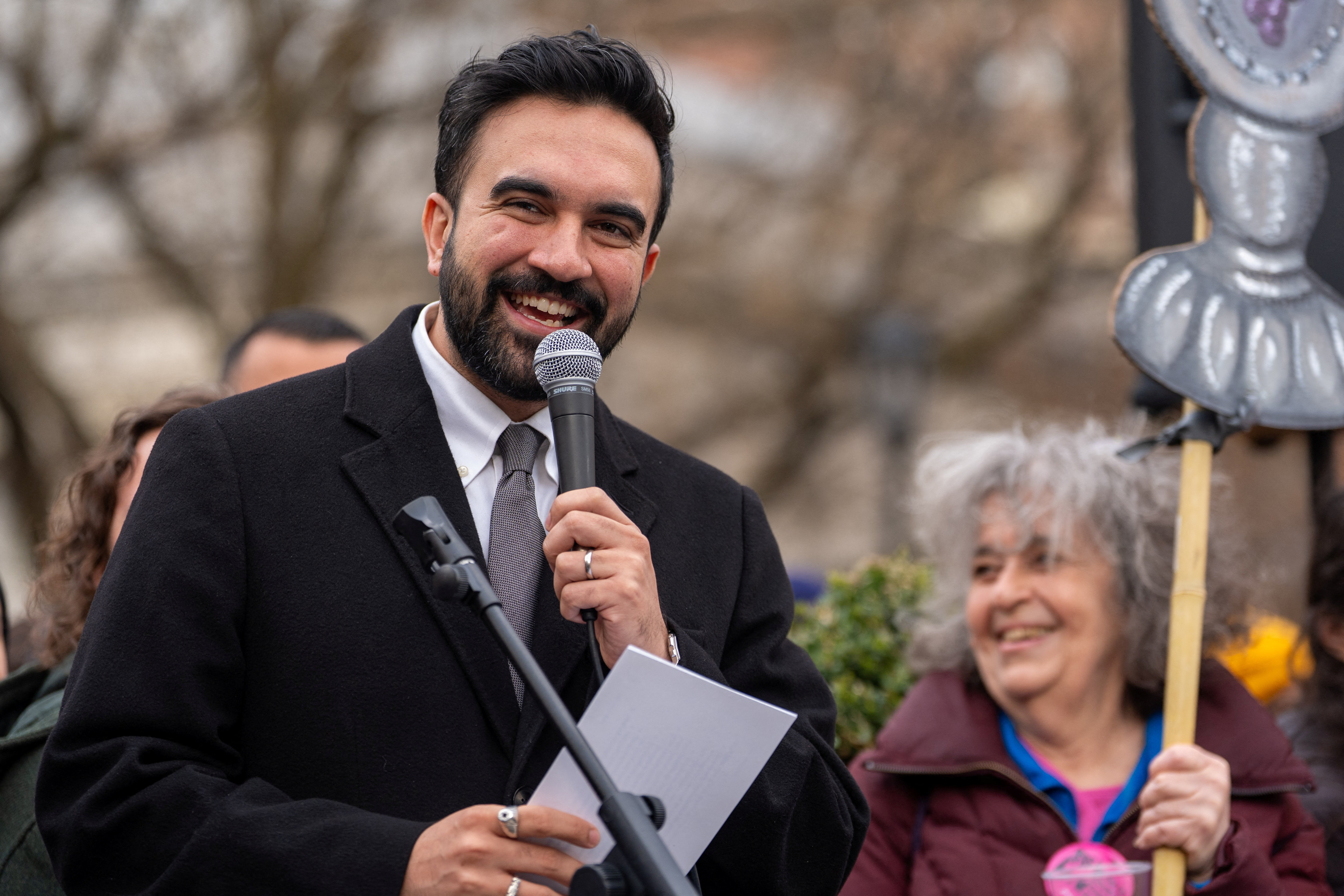 New York City Mayor Zohran Mamdani speaks during a seder gathering at Union Square, in Manhattan, New York City, U.S., April 6, 2026. REUTERS/David Dee Delgado