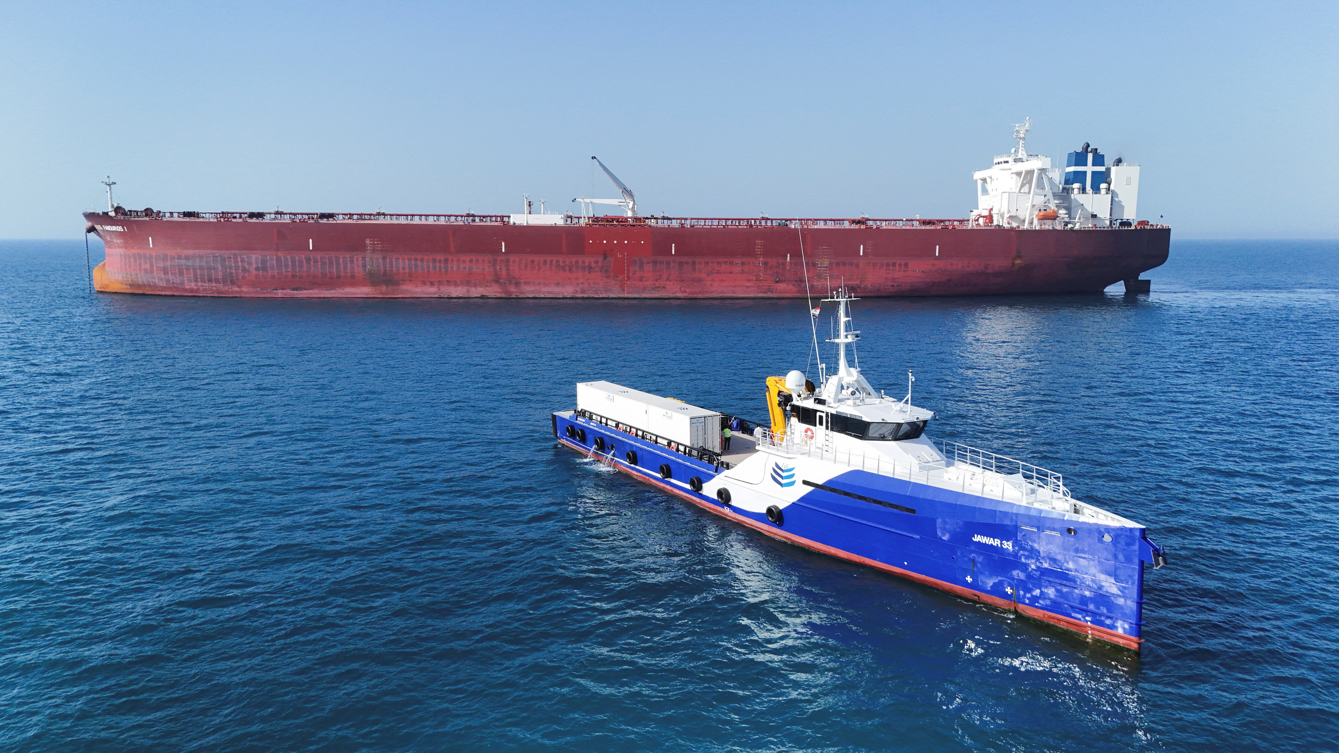 A drone view shows the Malta-flagged tanker Agios Fanourios I, an oil tanker that sailed through the Strait of Hormuz, arriving in Iraq’s territorial waters off Basra, Iraq, April 17, 2026. REUTERS/Mohammed Aty