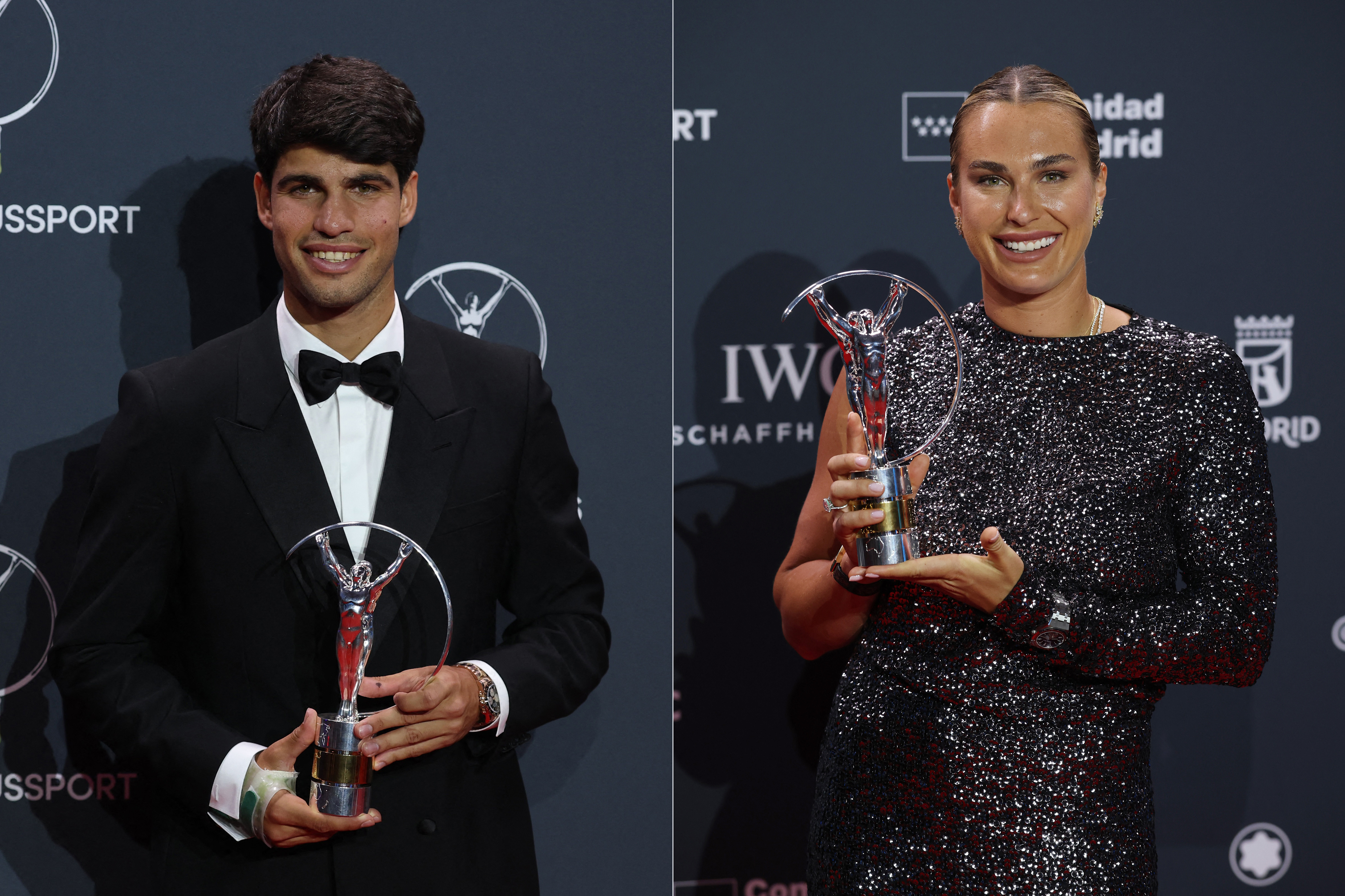 Left: Spain's Carlos Alcaraz poses on the red carpet after winning the World Sportsman of the Year Award. Right: Aryna Sabalenka poses on the red carpet after winning the World Sportswoman of the Year Award.