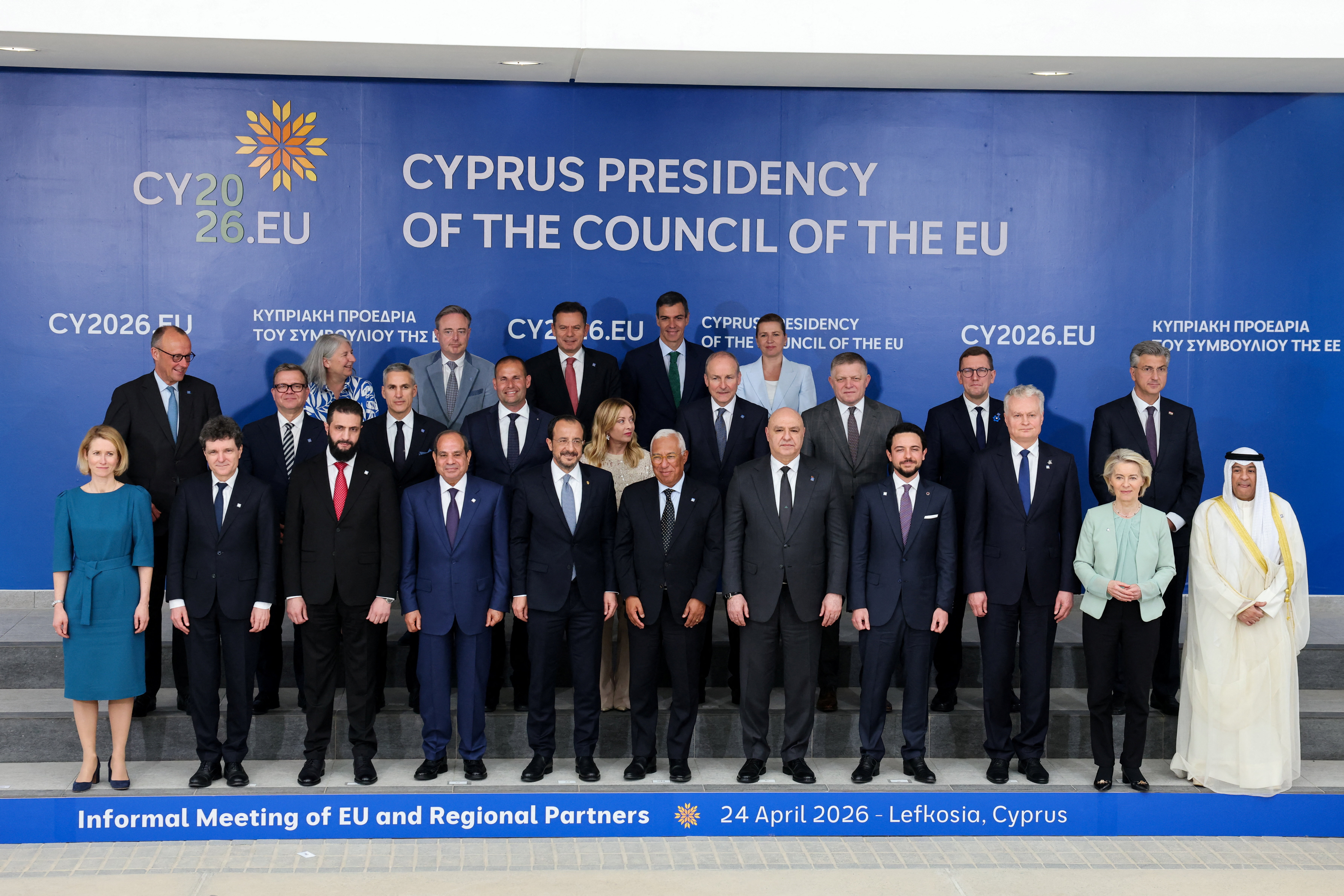 European Union High Representative for Foreign Affairs and Security Kaja Kallas, Romania's President Nicusor Dan, Syria's President Ahmed al-Sharaa, Egypt's President Abdel Fattah al-Sisi, Cyprus' President Nikos Christodoulides, European Council President Antonio Costa, Lebanon's President Joseph Aoun, Jordan's Crown Prince Hussein, Lithuania's President Gitanas Nauseda, European Commission President Ursula von der Leyen, Gulf Cooperation Council (GCC) Secretary General Jasem Mohamed Al Budaiwi, Germany's Chancellor Friedrich Merz, Finland's Prime Minister Petteri Orpo, Bulgaria's caretaker Prime Minister Andrey Gurov, Malta's Prime Minister Robert Abela, Italy's Prime Minister Giorgia Meloni, Ireland's Prime Minister (Taoiseach) Micheal Martin, Slovakia's Prime Minister Robert Fico, Estonia's Prime Minister Kristen Michal, Council of the European Union Secretary-General Therese Blanchet, Belgium's Prime Minister Bart De Wever, Portugal's Prime Minister Luis Montenegro, Spain's Prime Minister Pedro Sanchez and Denmark's Prime Minister Mette Frederiksen pose for a family photo during a summit of the European Union and regional partners' leaders in Nicosia (Lefkosia), Cyprus.