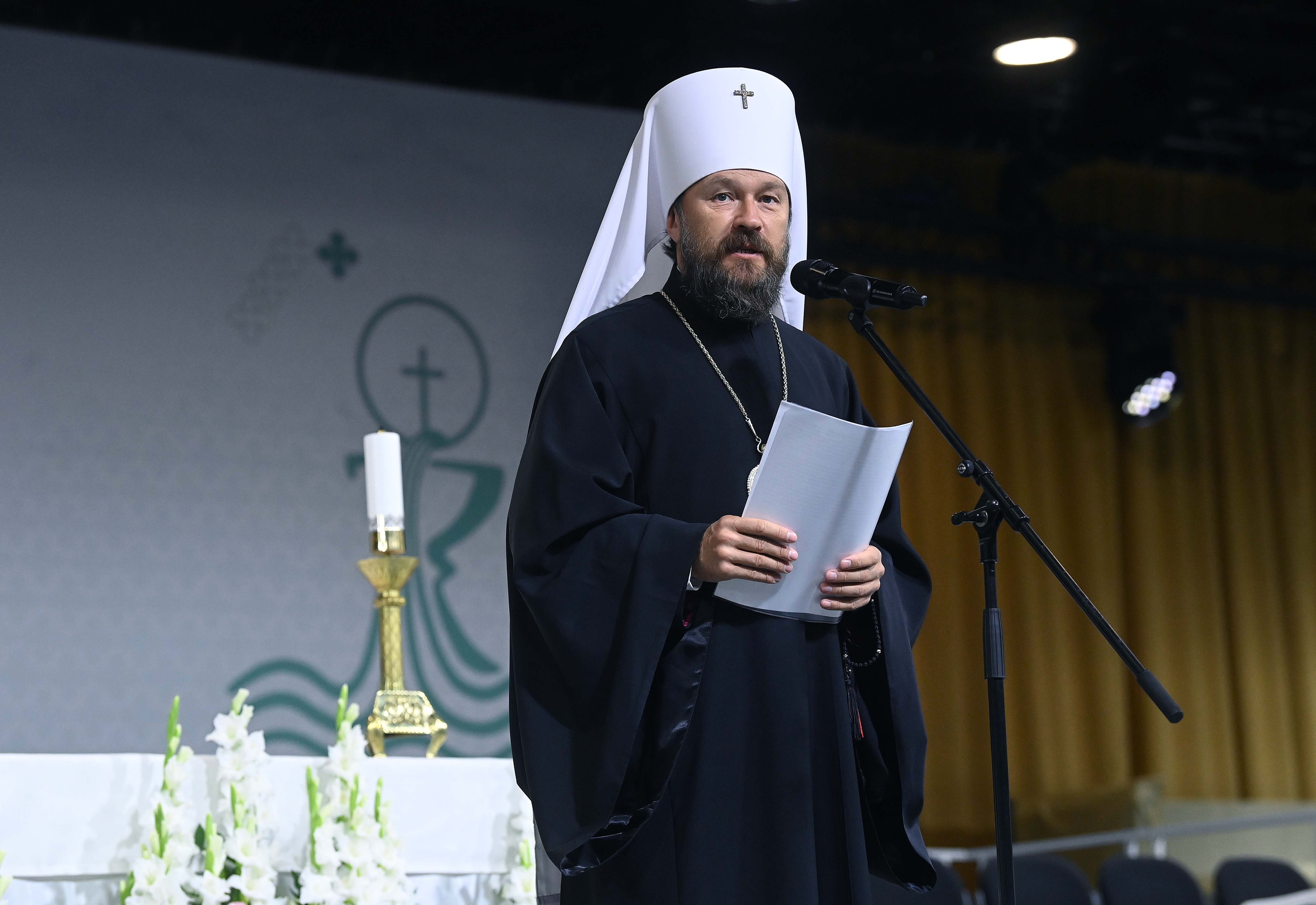 Russian Orthodox Bishop Hilarion Alfeyev speaks at a meeting 52nd International Eucharistic Congress in Budapest, Hungary, 06 September 2021.