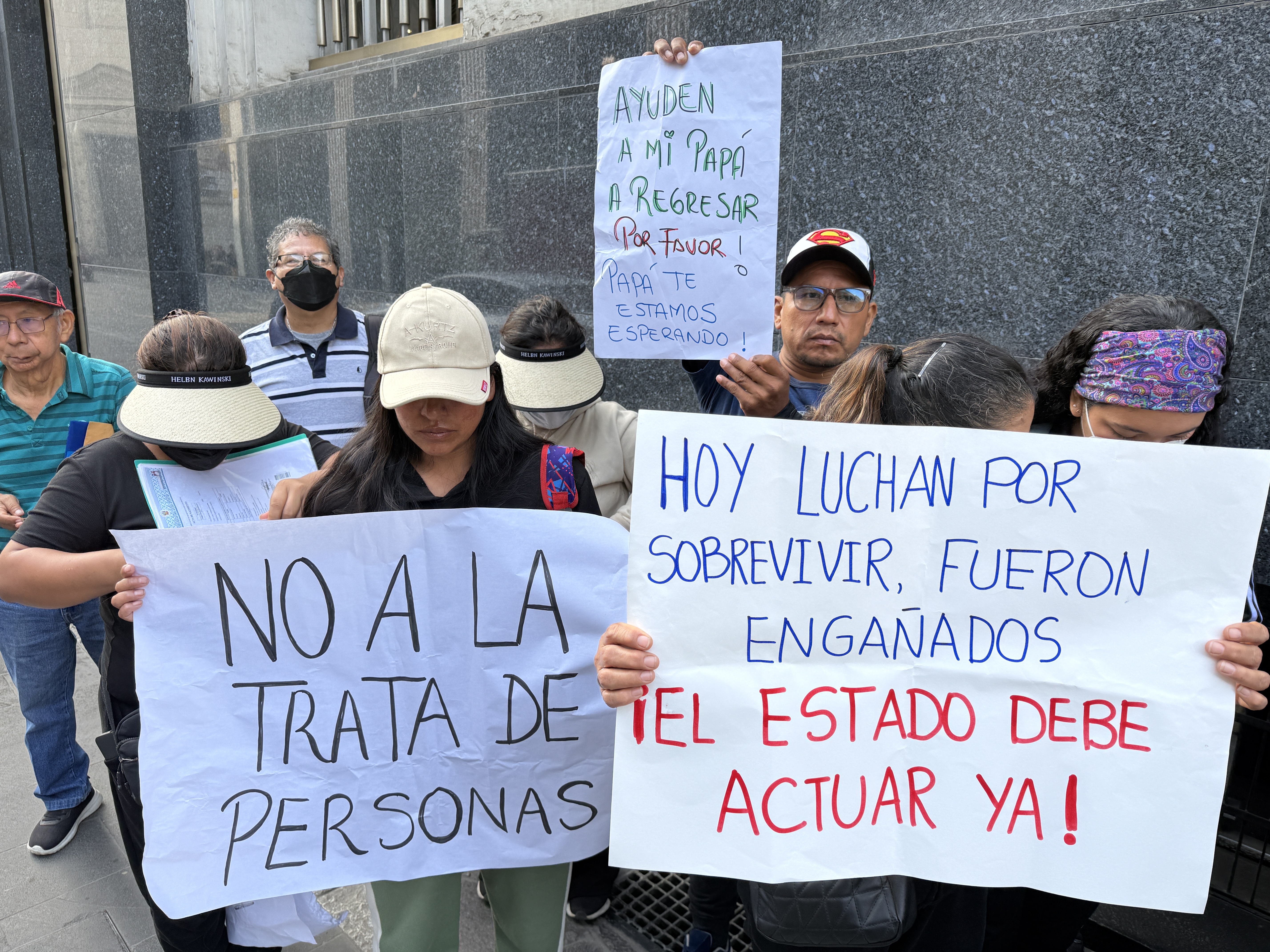 Relatives of Peruvians who claim they were recruited by Russia to the front lines of the war in Ukraine protest in Lima, Peru, on April 29, 2026