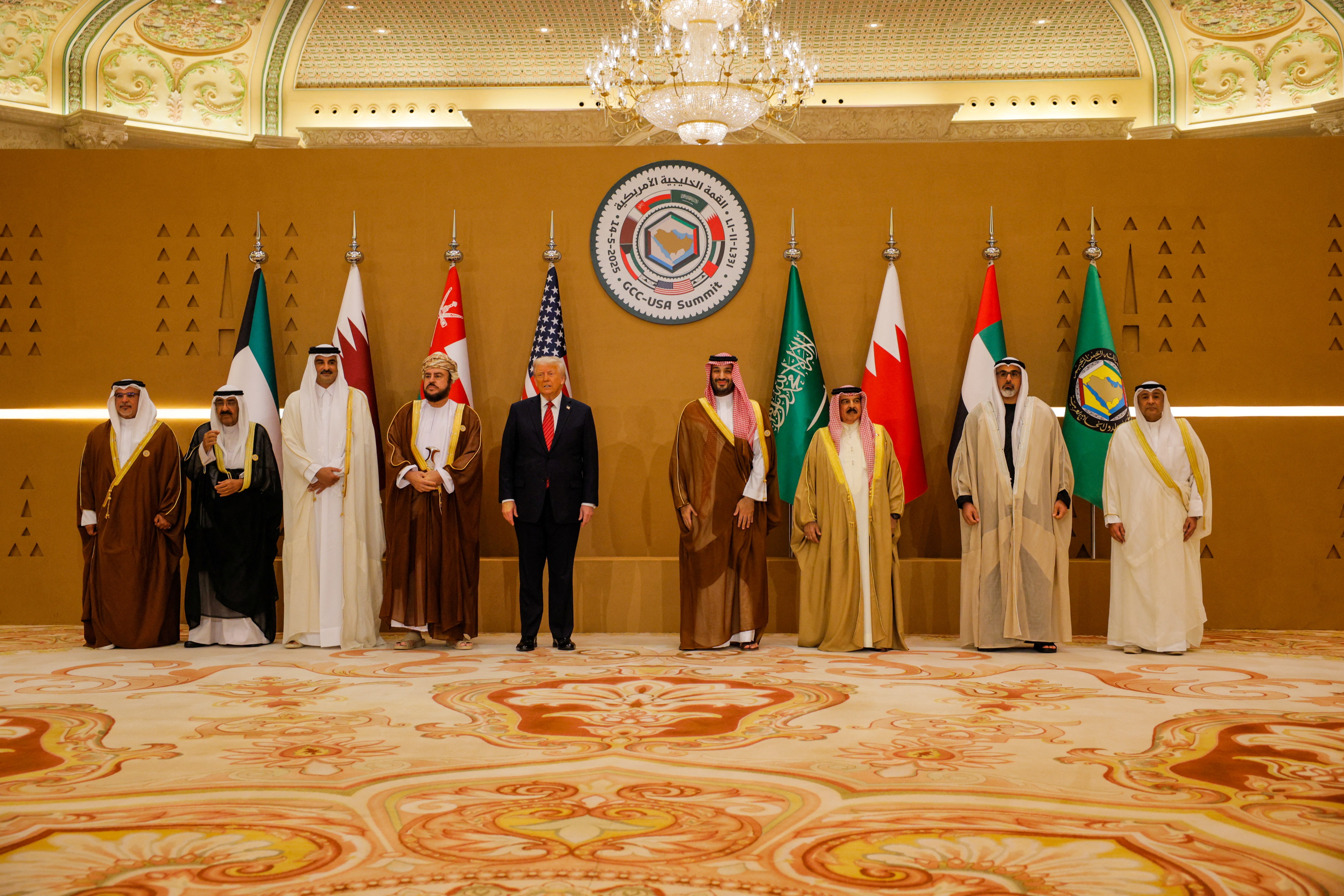 Emir of Qatar Sheikh Tamim bin Hamad Al Thani, U.S. President Donald Trump, Saudi Crown Prince Mohammed Bin Salman and Bahrain's King Hamad bin Isa Al Khalifa attend a group photo session with Gulf Cooperation Council (GCC) leaders in Riyadh, Saudi Arabia, May 14, 2025. REUTERS/Brian Snyder