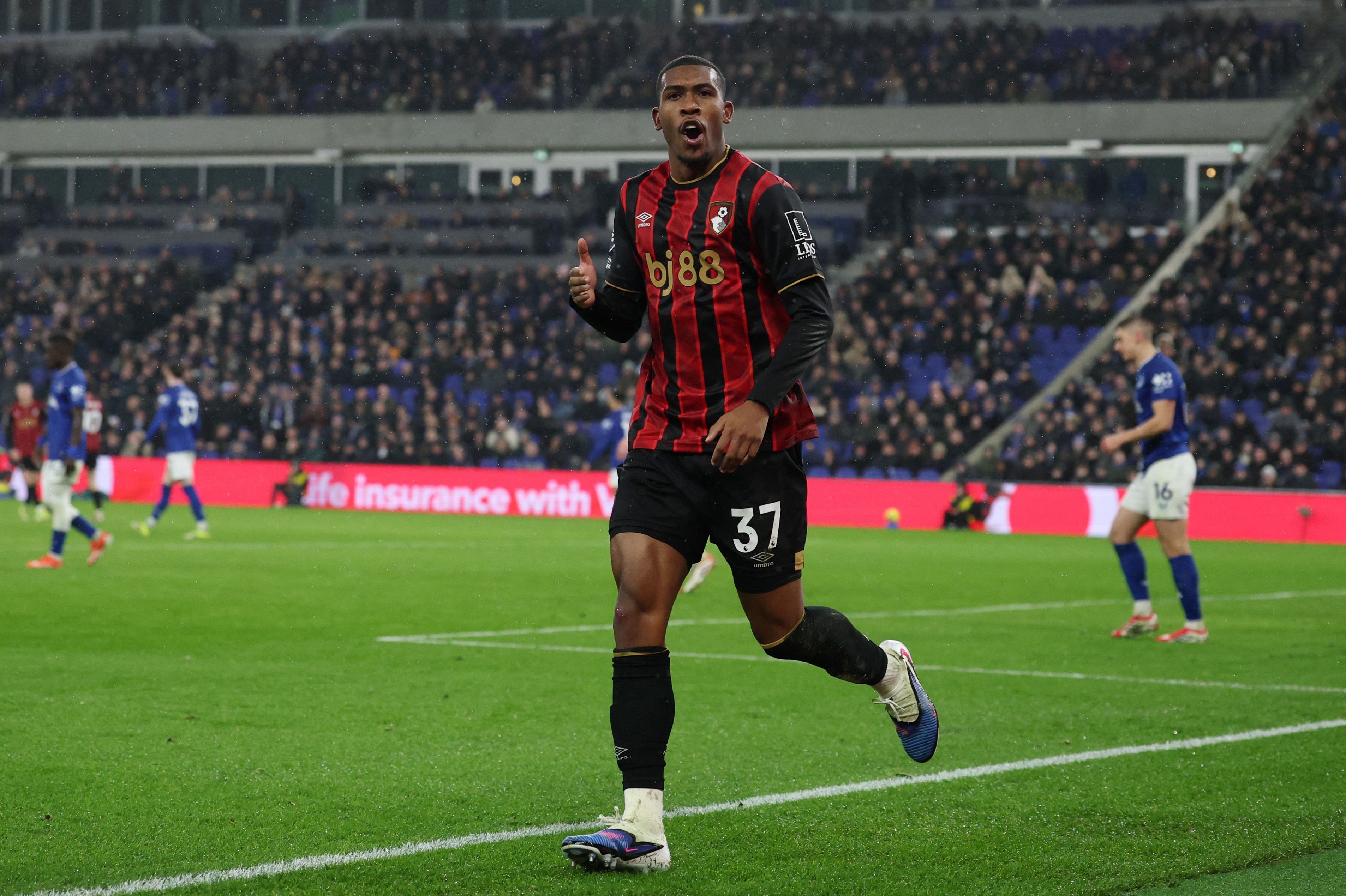 Soccer Football - Premier League - Everton v AFC Bournemouth - Hill Dickinson Stadium, Liverpool, Britain - February 10, 2026 AFC Bournemouth's Rayan celebrates scoring their first goal REUTERS/Phil Noble EDITORIAL USE ONLY. NO USE WITH UNAUTHORIZED AUDIO, VIDEO, DATA, FIXTURE LISTS, CLUB/LEAGUE LOGOS OR 'LIVE' SERVICES. ONLINE IN-MATCH USE LIMITED TO 120 IMAGES, NO VIDEO EMULATION. NO USE IN BETTING, GAMES OR SINGLE CLUB/LEAGUE/PLAYER PUBLICATIONS. PLEASE CONTACT YOUR ACCOUNT REPRESENTATIVE FOR FURTHER DETAILS..