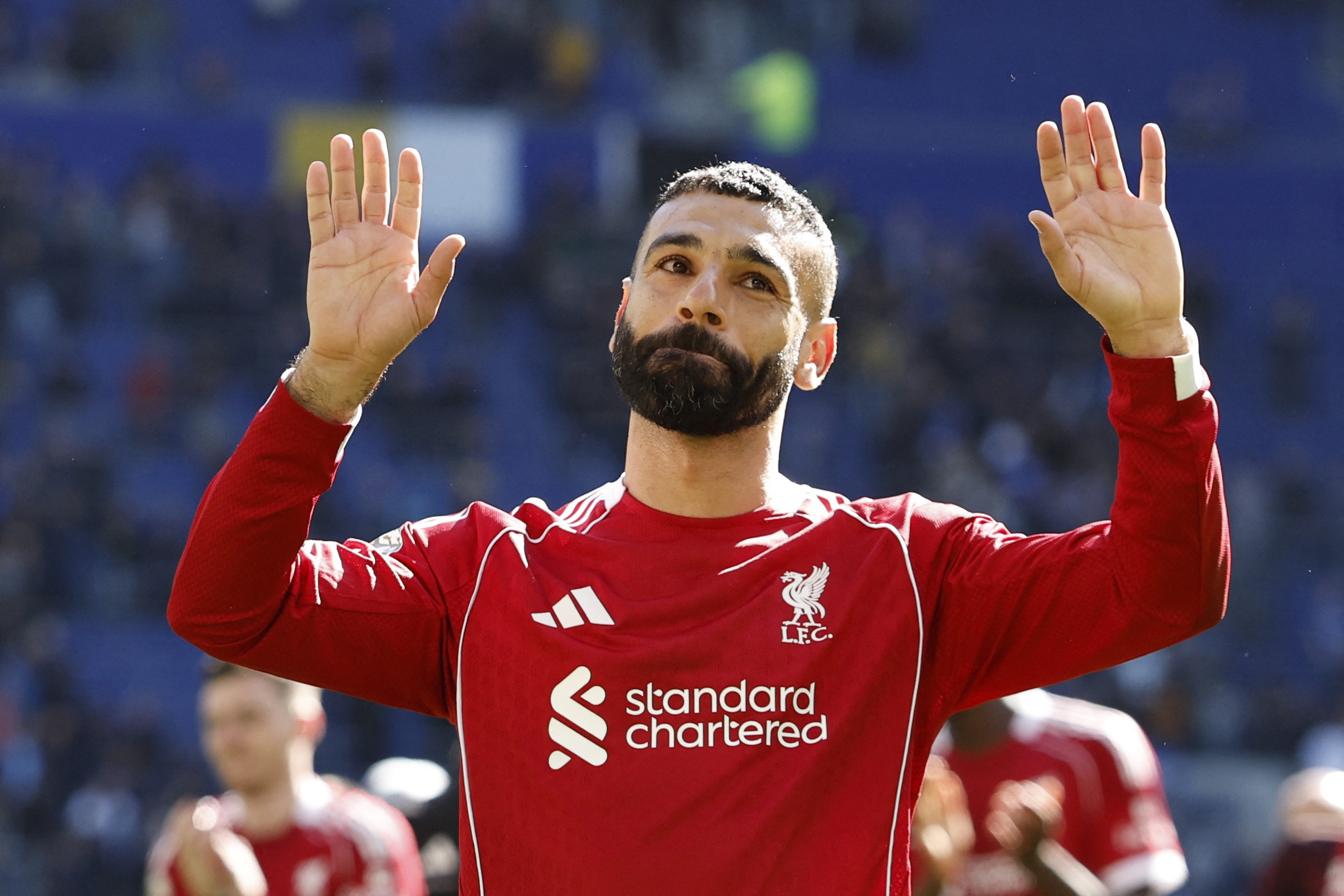 Soccer Football - Premier League - Everton v Liverpool - Hill Dickinson Stadium, Liverpool, Britain - April 19, 2026 Liverpool's Mohamed Salah celebrates after the match Action Images via Reuters/Jason Cairnduff EDITORIAL USE ONLY. NO USE WITH UNAUTHORIZED AUDIO, VIDEO, DATA, FIXTURE LISTS, CLUB/LEAGUE LOGOS OR 'LIVE' SERVICES. ONLINE IN-MATCH USE LIMITED TO 120 IMAGES, NO VIDEO EMULATION. NO USE IN BETTING, GAMES OR SINGLE CLUB/LEAGUE/PLAYER PUBLICATIONS. PLEASE CONTACT YOUR ACCOUNT REPRESENTATIVE FOR FURTHER DETAILS..