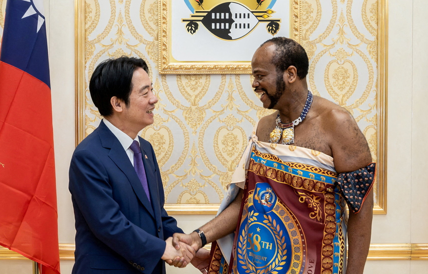 Taiwanese President Lai Ching-te shakes hands with King Mswati III, the King of Eswatini, at Mandvulo Grand Hall near Manzini, Eswatini, May 2, 2026. Taiwan Presidential Office/Handout via REUTERS ATTENTION EDITORS - THIS IMAGE WAS PROVIDED BY A THIRD PARTY. NO RESALES. NO ARCHIVES. TPX IMAGES OF THE DAY