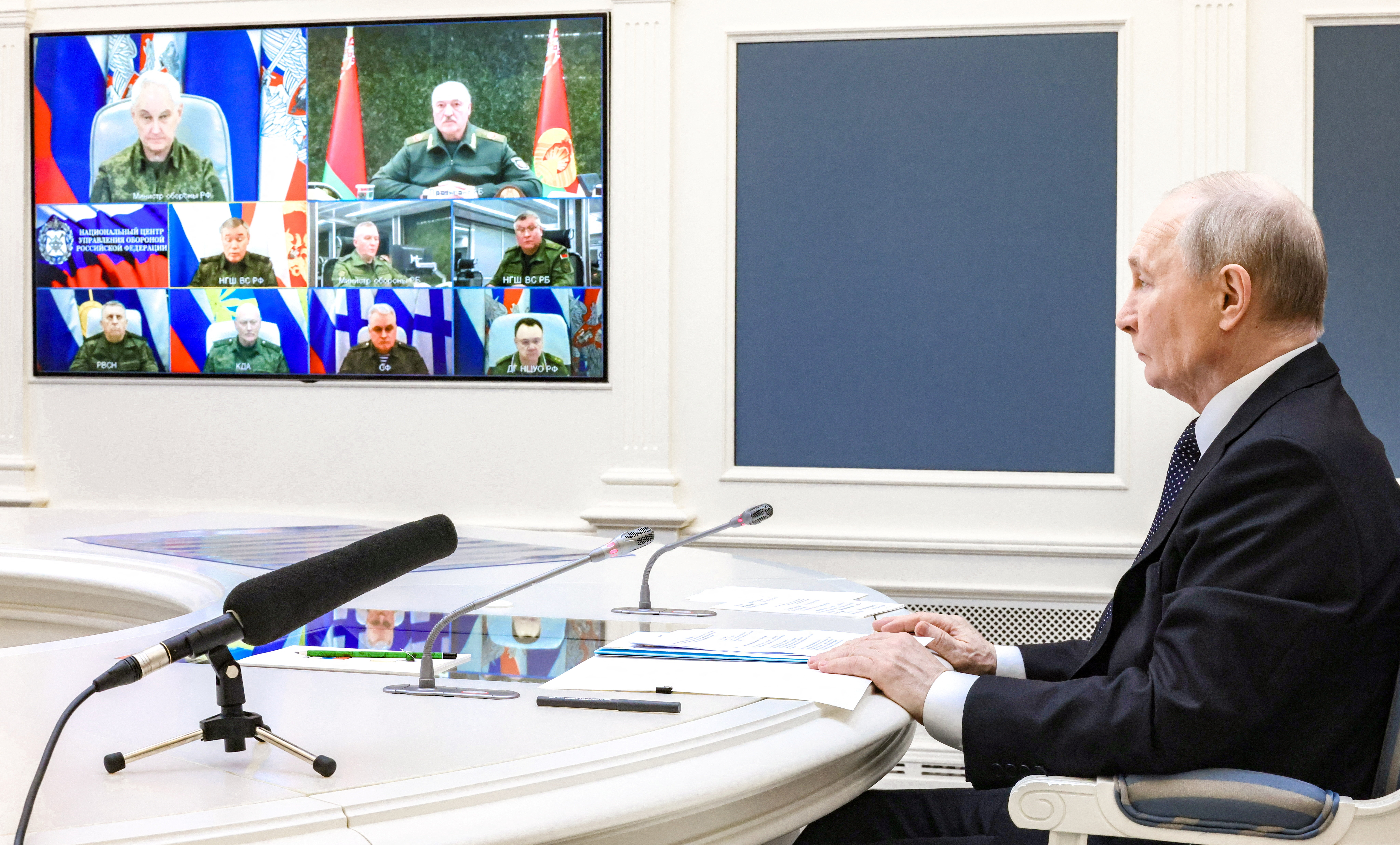 Russian President Vladimir Putin observes a joint training of the nuclear forces of Russia and Belarus via video link at the Kremlin in Moscow, Russia May 21, 2026. Sputnik/Mikhail Metzel/Pool via REUTERS ATTENTION EDITORS - THIS IMAGE WAS PROVIDED BY A THIRD PARTY.