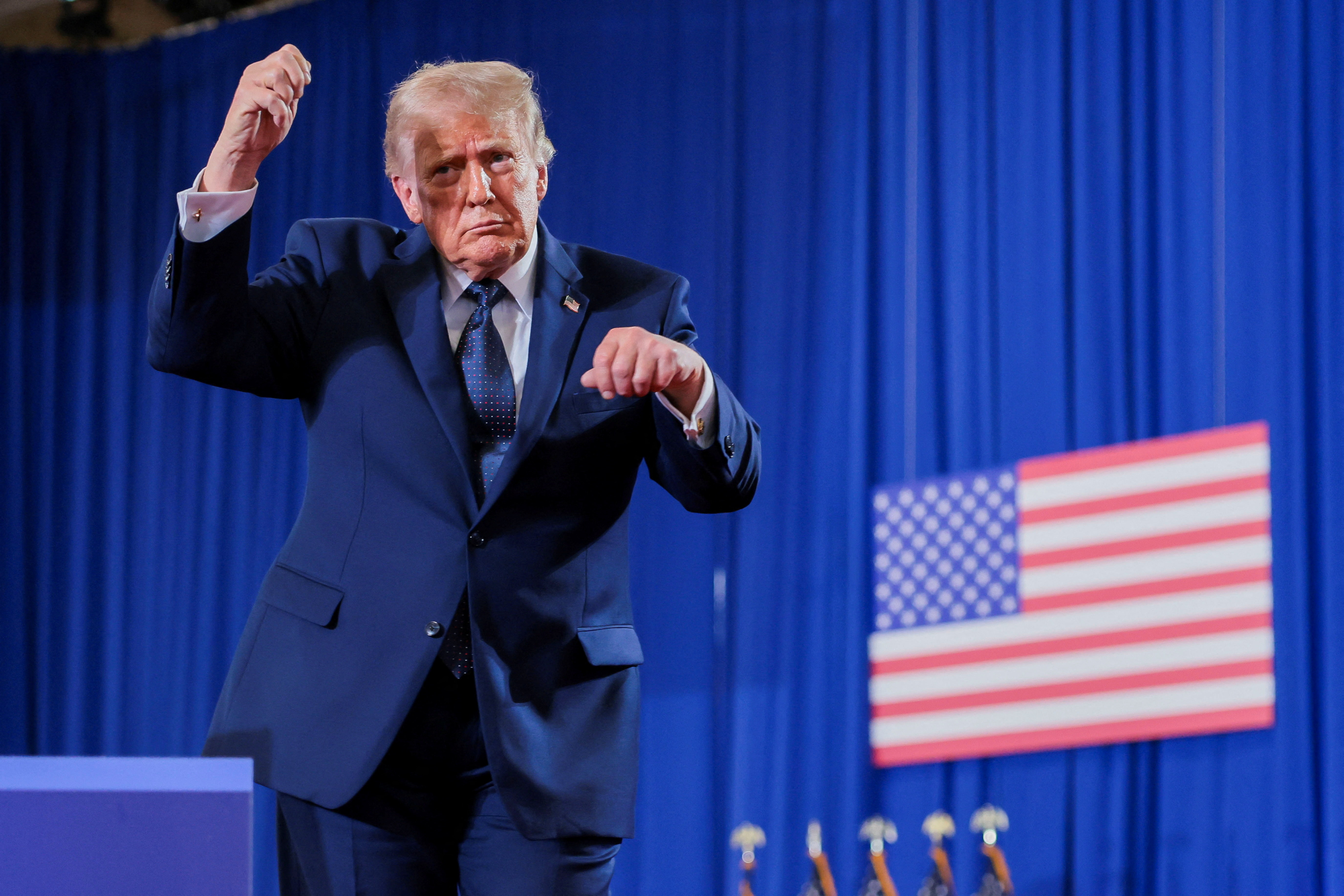 U.S. President Donald Trump reacts on the day of delivering remarks at Rockland Community College in Suffern, New York, U.S.