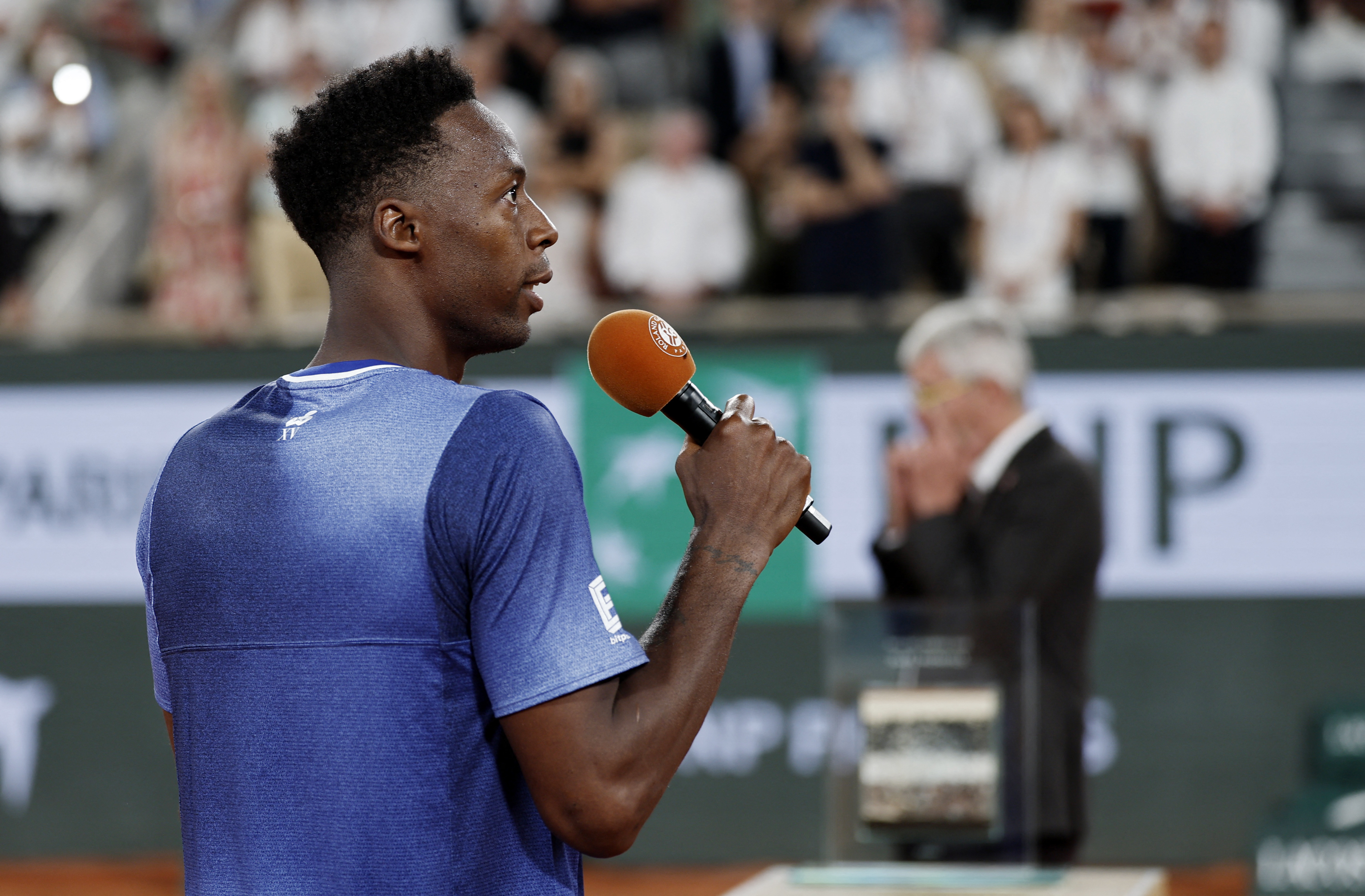 France's Gael Monfils speaks.