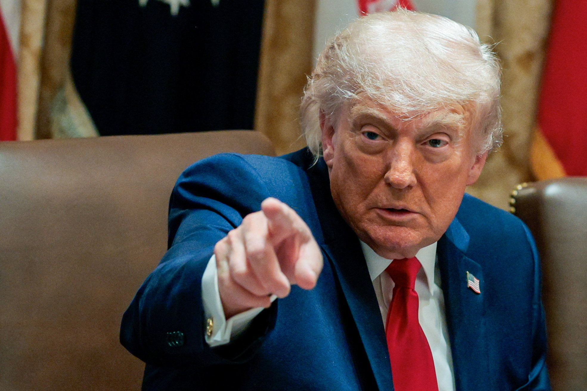 U.S. President Donald Trump points his finger during a cabinet meeting in the Cabinet Room