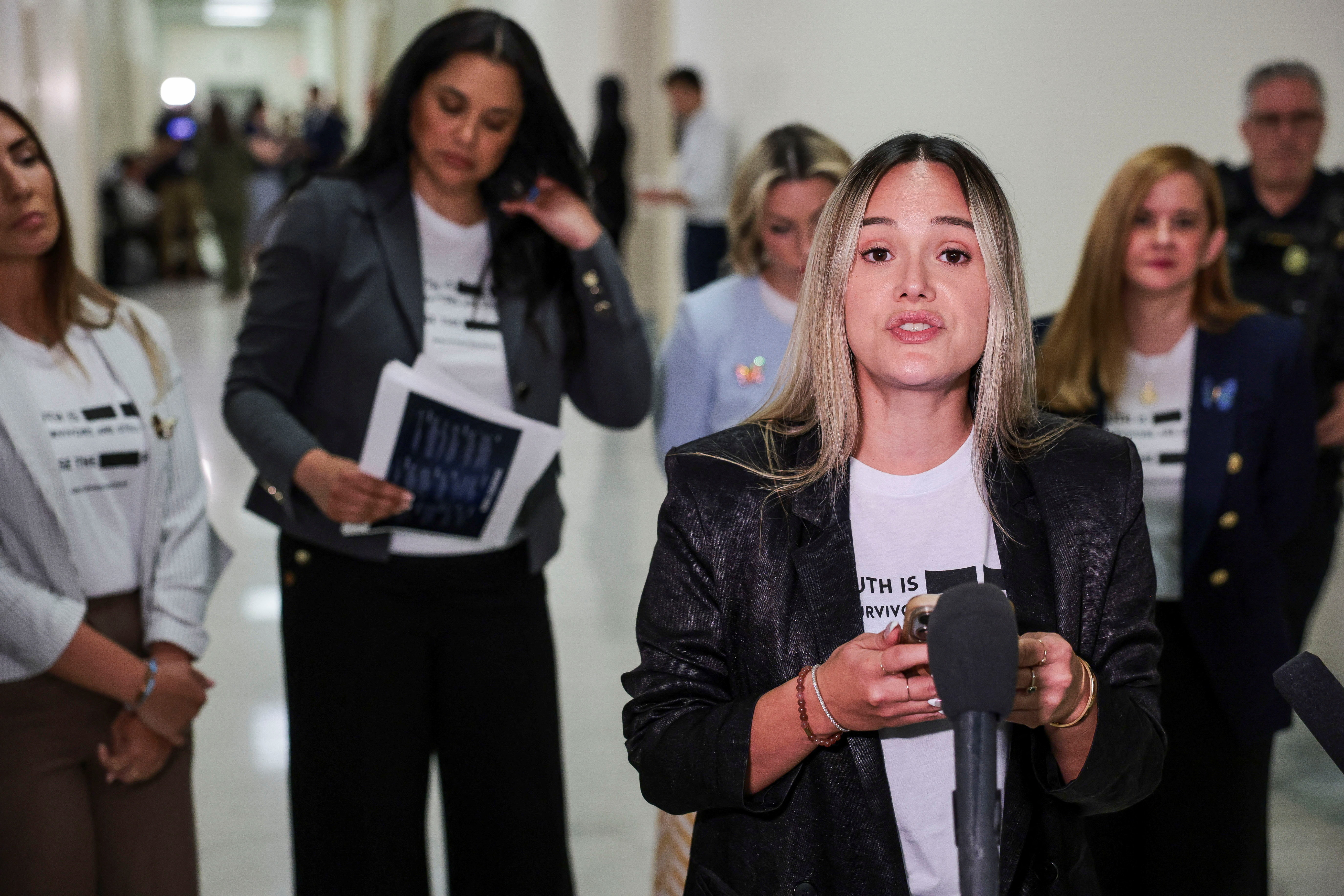 Andrea Sterling, a survivor of Jeffrey Epstein, speaks to the media on the day of a House Oversight and Government Reform Committee