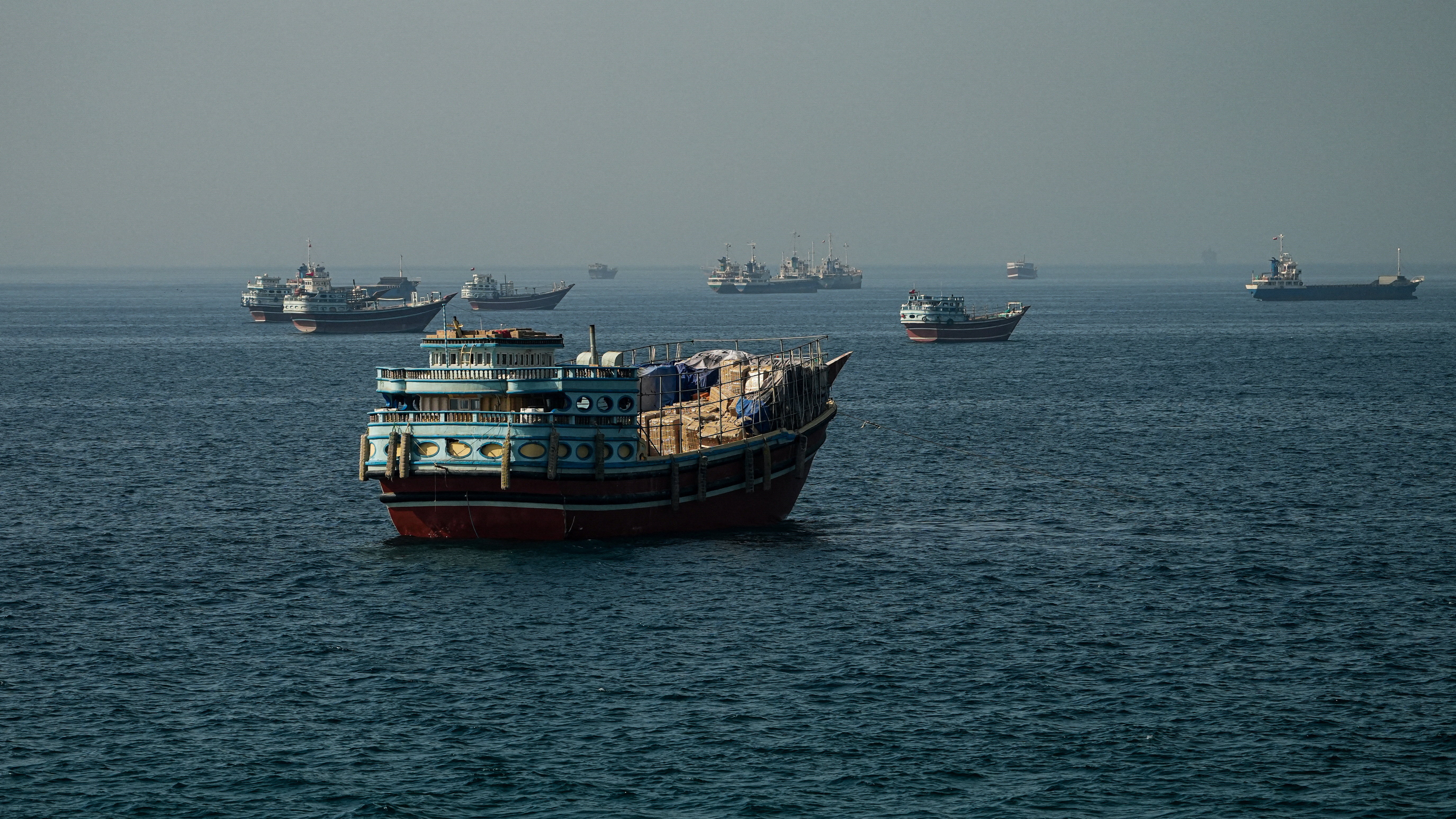 Vessels anchored at sea.