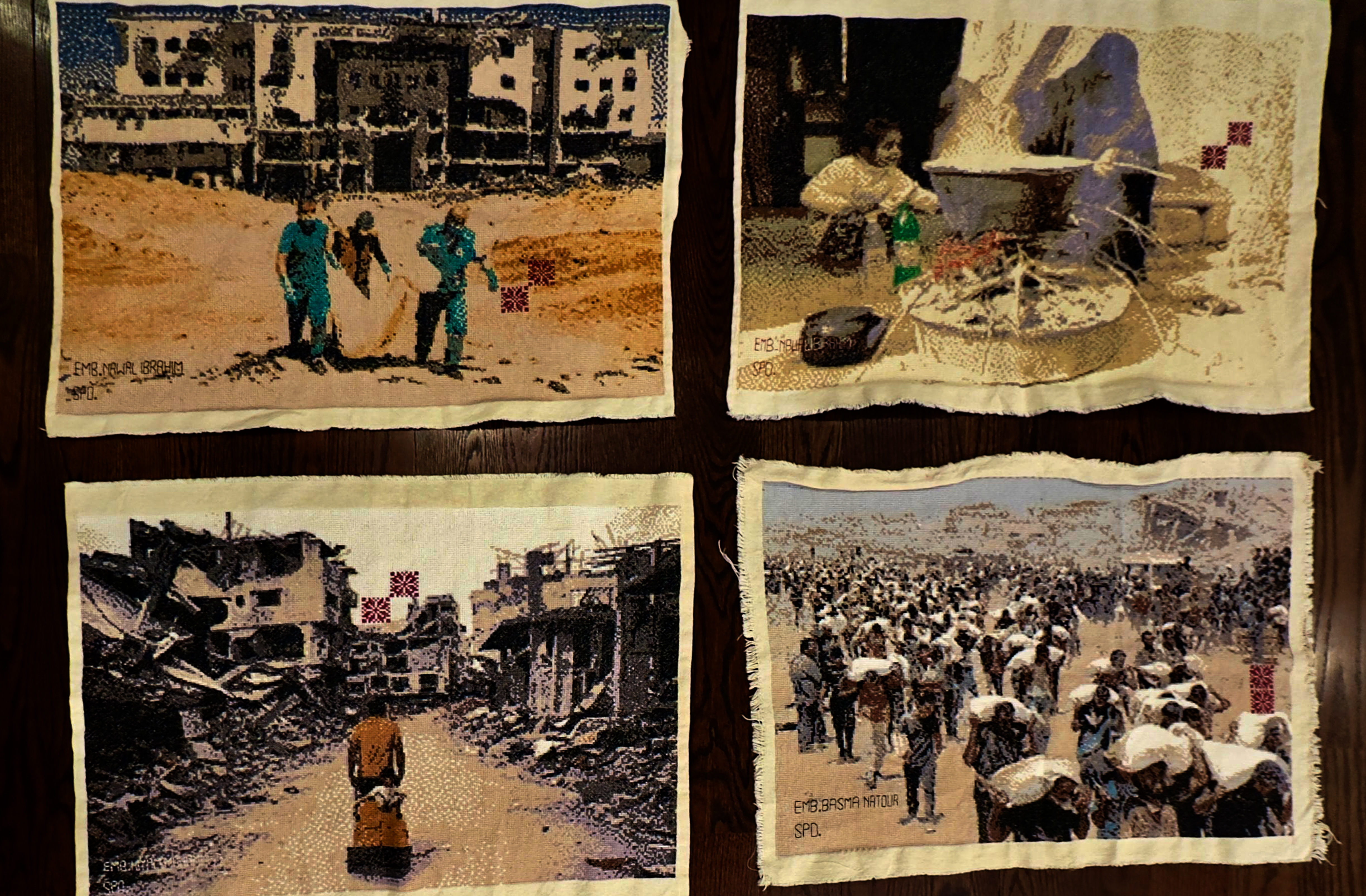 A selection of embroidered panels from the Gaza Genocide Tapestry.