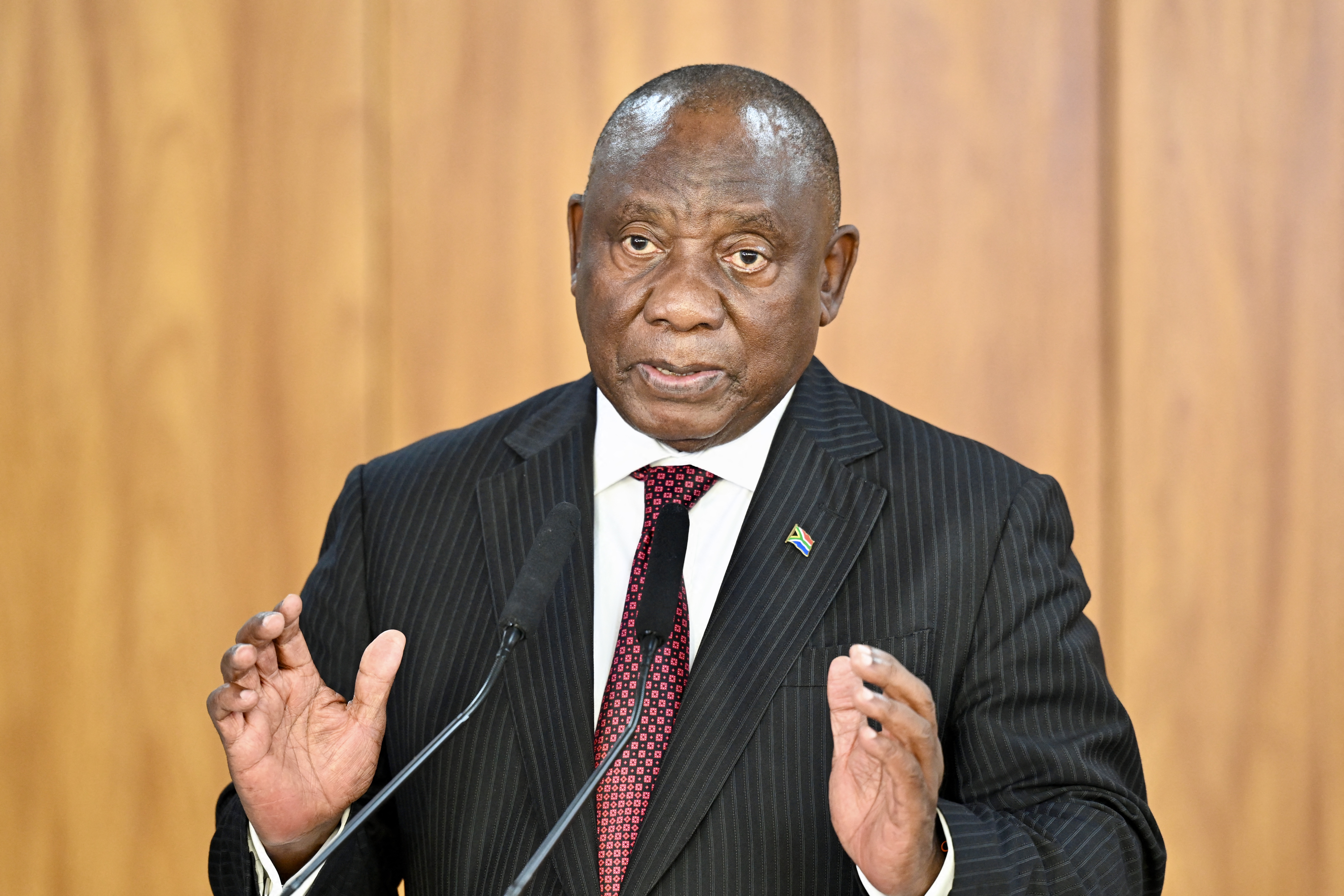 South African President Cyril Ramaphosa speaks during a press conference after meeting Brazil's President Luiz Inacio Lula da Silva at the Planalto Palace in Brasilia on March 9, 2026.