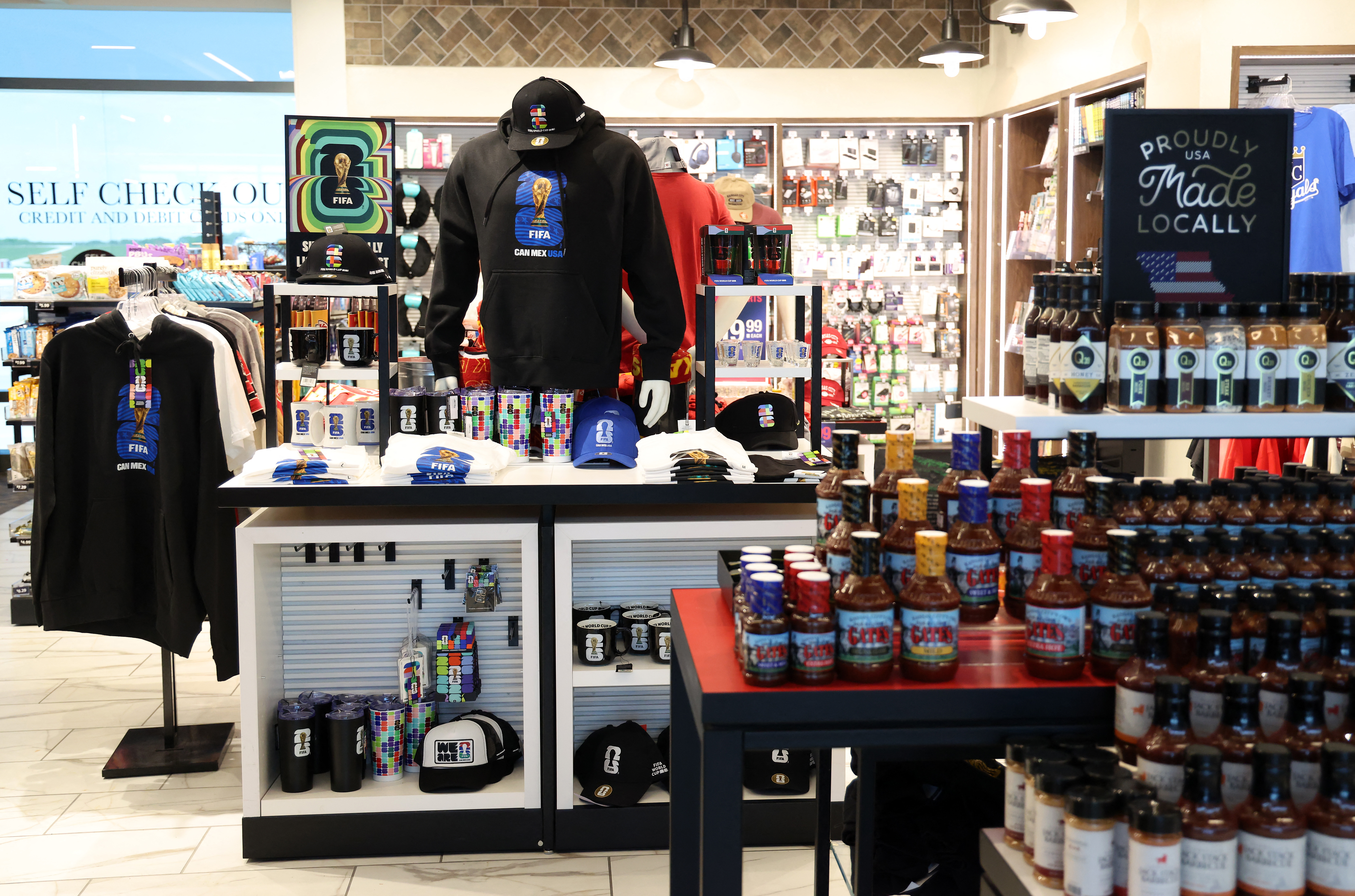 World Cup merchandise is displayed at the Kansas City airport
