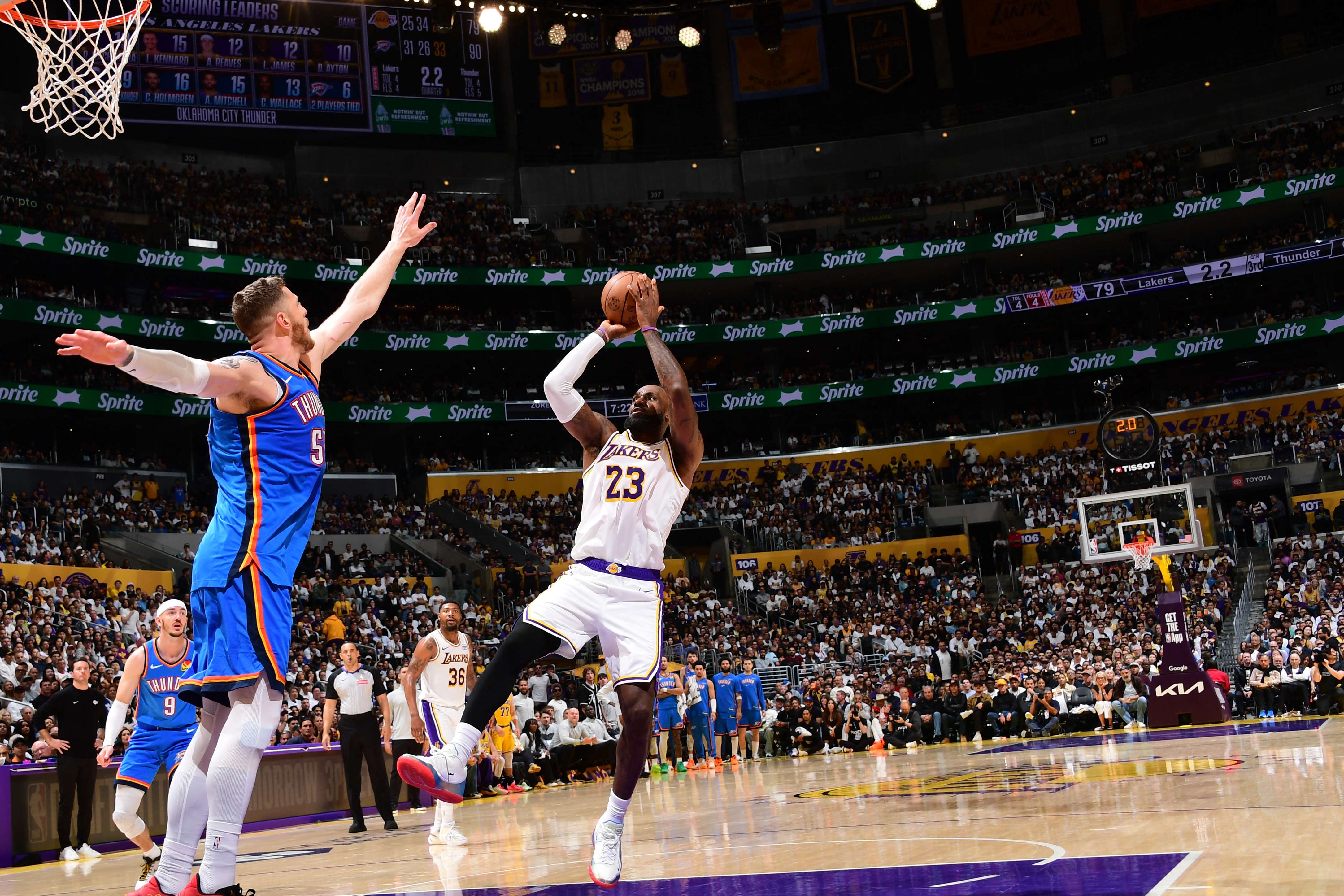 LOS ANGELES, CA - MAY 9: LeBron James #23 of the Los Angeles Lakers shoots the ball during the game against the Oklahoma City Thunder during Round Two Game Three of the 2026 NBA Playoffs on May 9, 2026 at Crypto.Com Arena in Los Angeles, California. NOTE TO USER: User expressly acknowledges and agrees that, by downloading and/or using this Photograph, user is consenting to the terms and conditions of the Getty Images License Agreement. Mandatory Copyright Notice: Copyright 2026 NBAE Adam Pantozzi/NBAE via Getty Images/AFP (Photo by Adam Pantozzi / NBAE / Getty Images / Getty Images via AFP)
