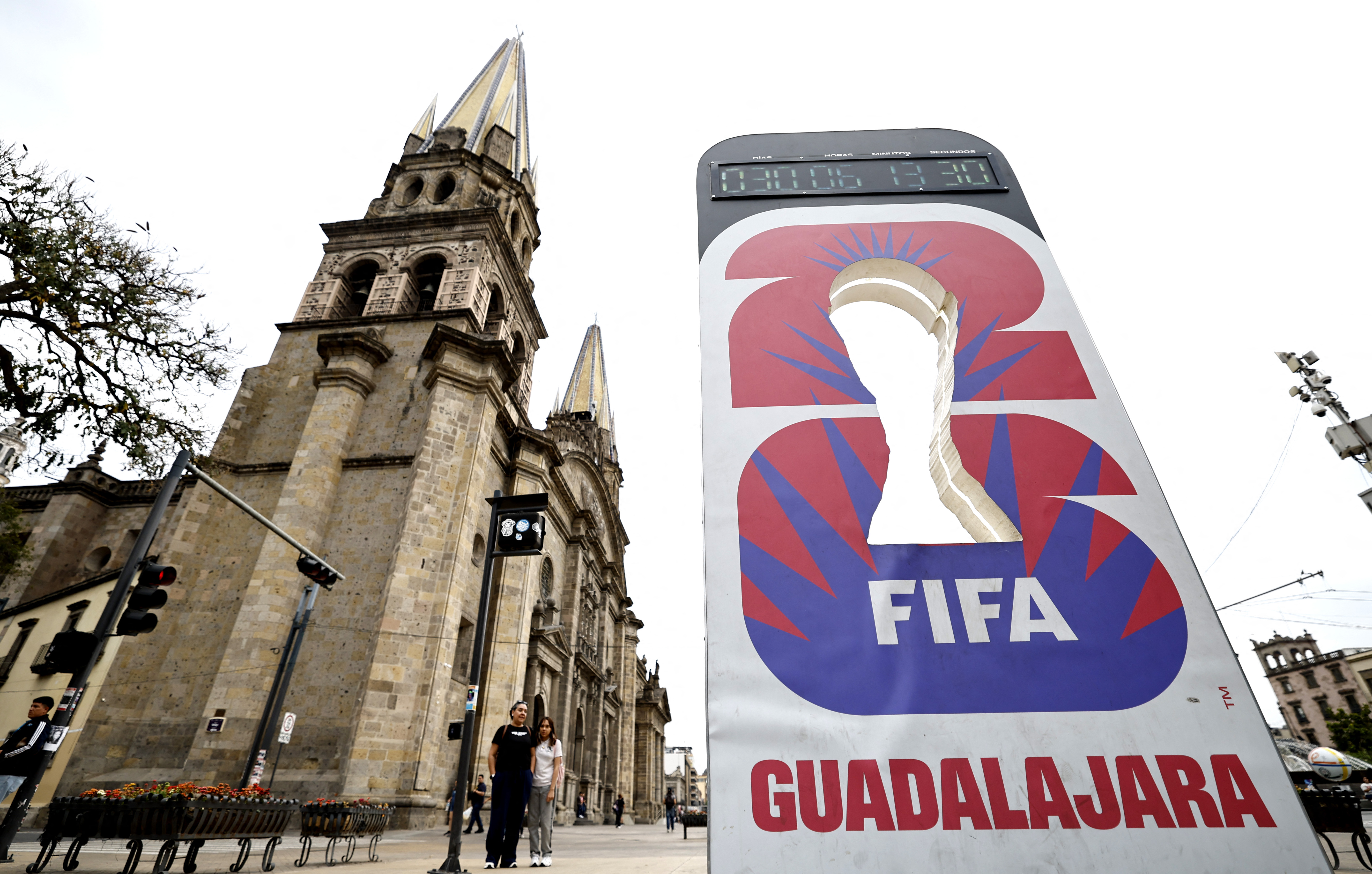 A clock marking 30 days to the 2026 FIFA World Cup is pictured next to the Cathedral in Guadalajara, Jalisco, Mexico on May 11, 2026. (Photo by ULISES RUIZ / AFP)