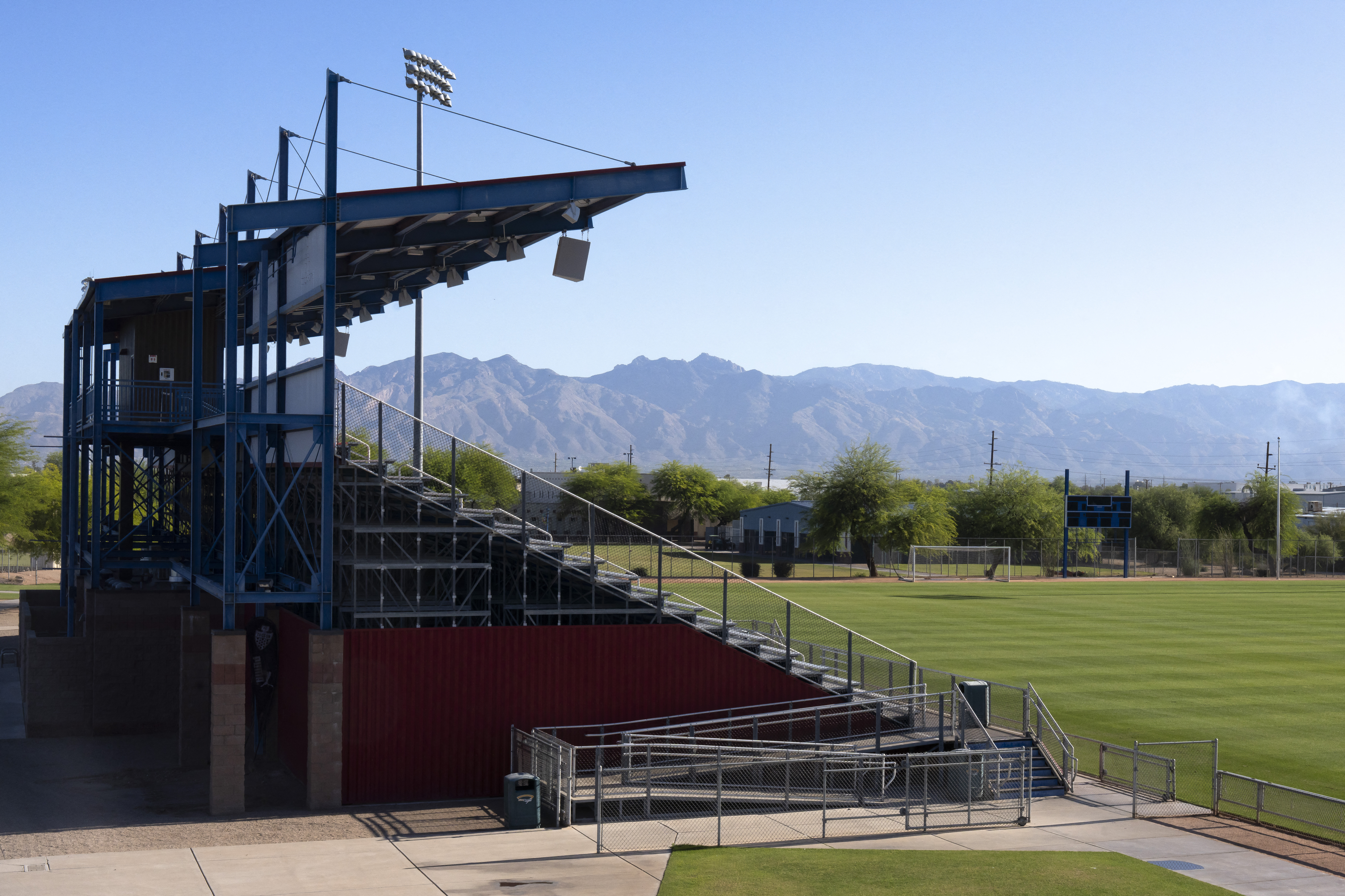 The football pitch is seen at the Kino Sports Complex, where Iran's national football team Team Melli will train during the 2026 FIFA World Cup, in Tucson, Arizona, on May 7, 2026. In the Strait of Hormuz, US warships menace Iran's oil tankers. In Washington, President Donald Trump threatens nothing less than "complete victory" will suffice. But in Tucson, they're getting ready to welcome the Iranian football team as if nothing were amiss. The city, an oasis of manicured lawns in the Arizona desert, is set to be the base camp for "Team Melli" when the world's biggest sporting spectacle opens in the US, Mexico and Canada next month. (Photo by Rebecca NOBLE / AFP)