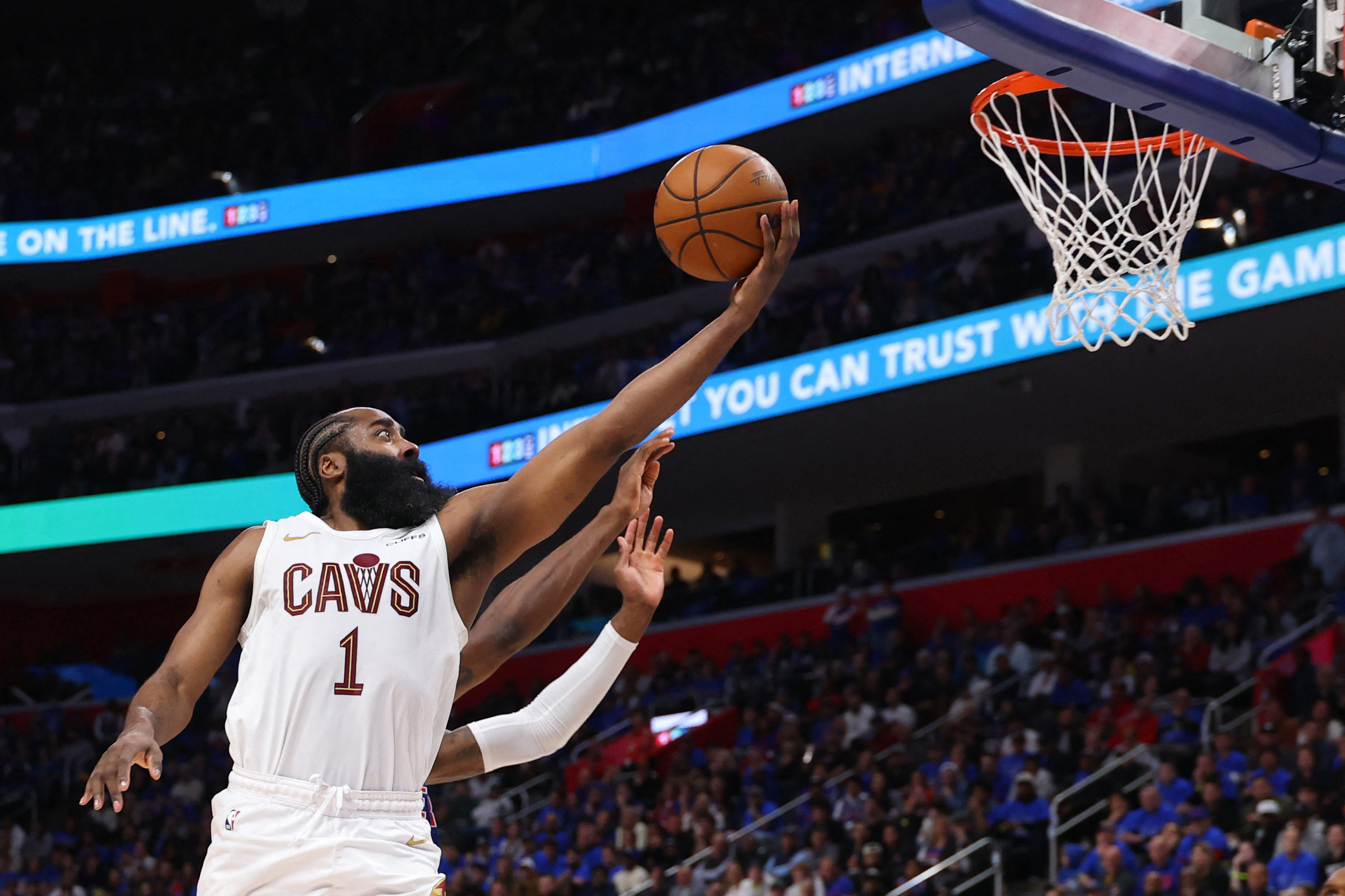James Harden #1 of the Cleveland Cavaliers shoots the ball against the Detroit Pistons during a game.
