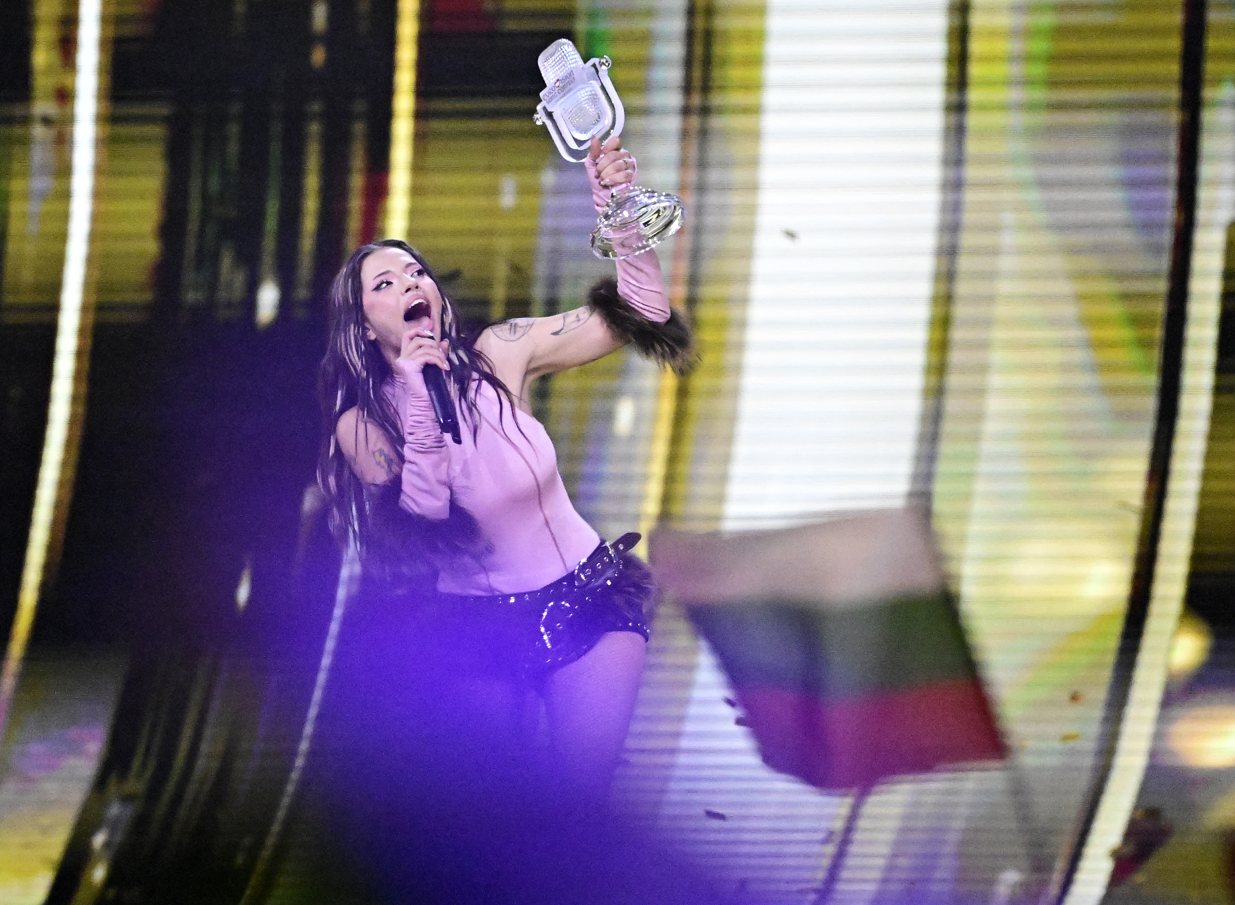 Darina Nikolaeva Yotova, aka Dara and representing Bulgaria with the song 'Bangaranga', celebrates with the trophy after winning the final of the Eurovision Song Contest 2026 (ESC) at Wiener Stadthalle in Vienna, Austria on May 16, 2026.