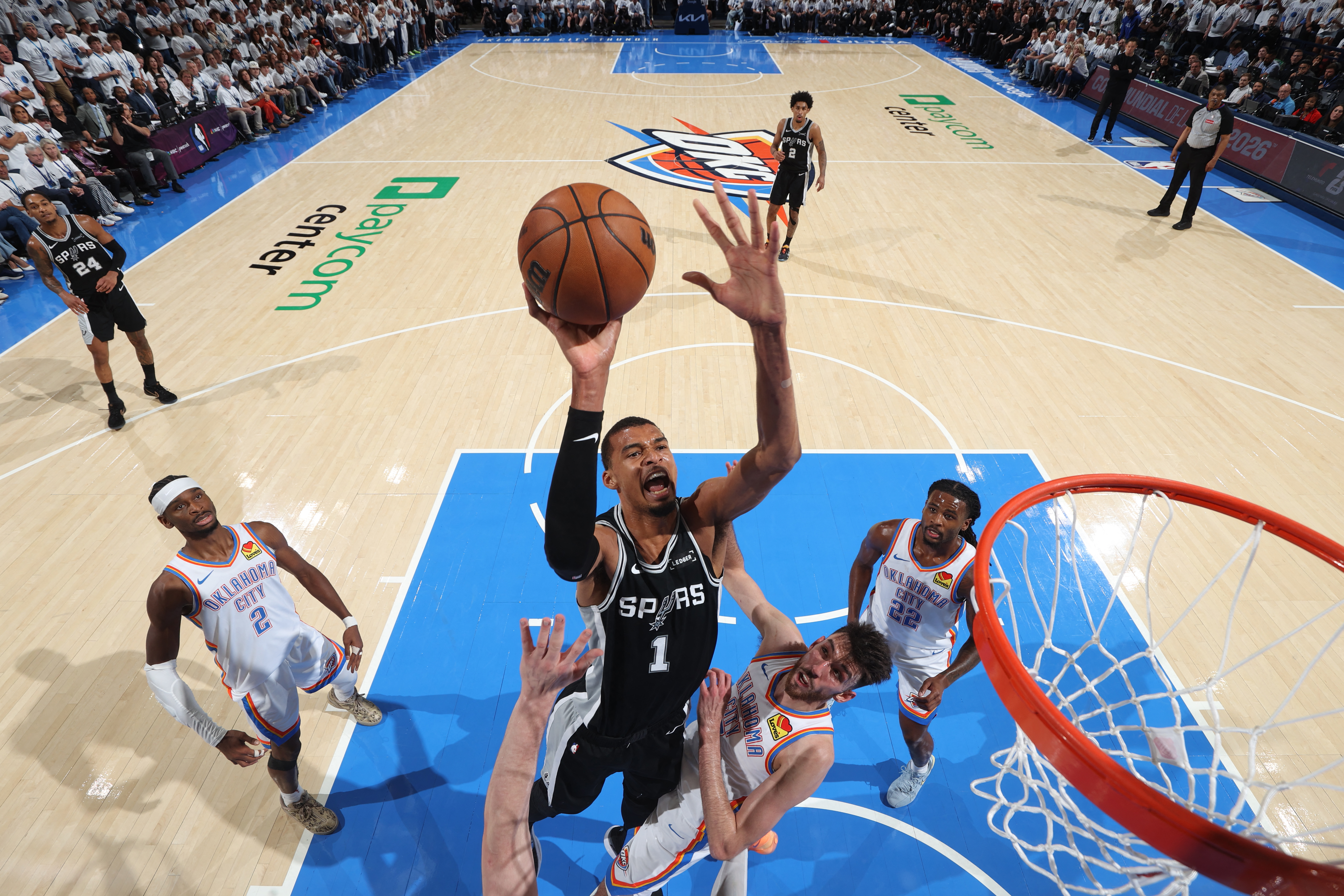 San Antonio Spurs All-Star centre Victor Wembanyama #1 struggled to score and rebound against Oklahoma City Thunder in Game 5