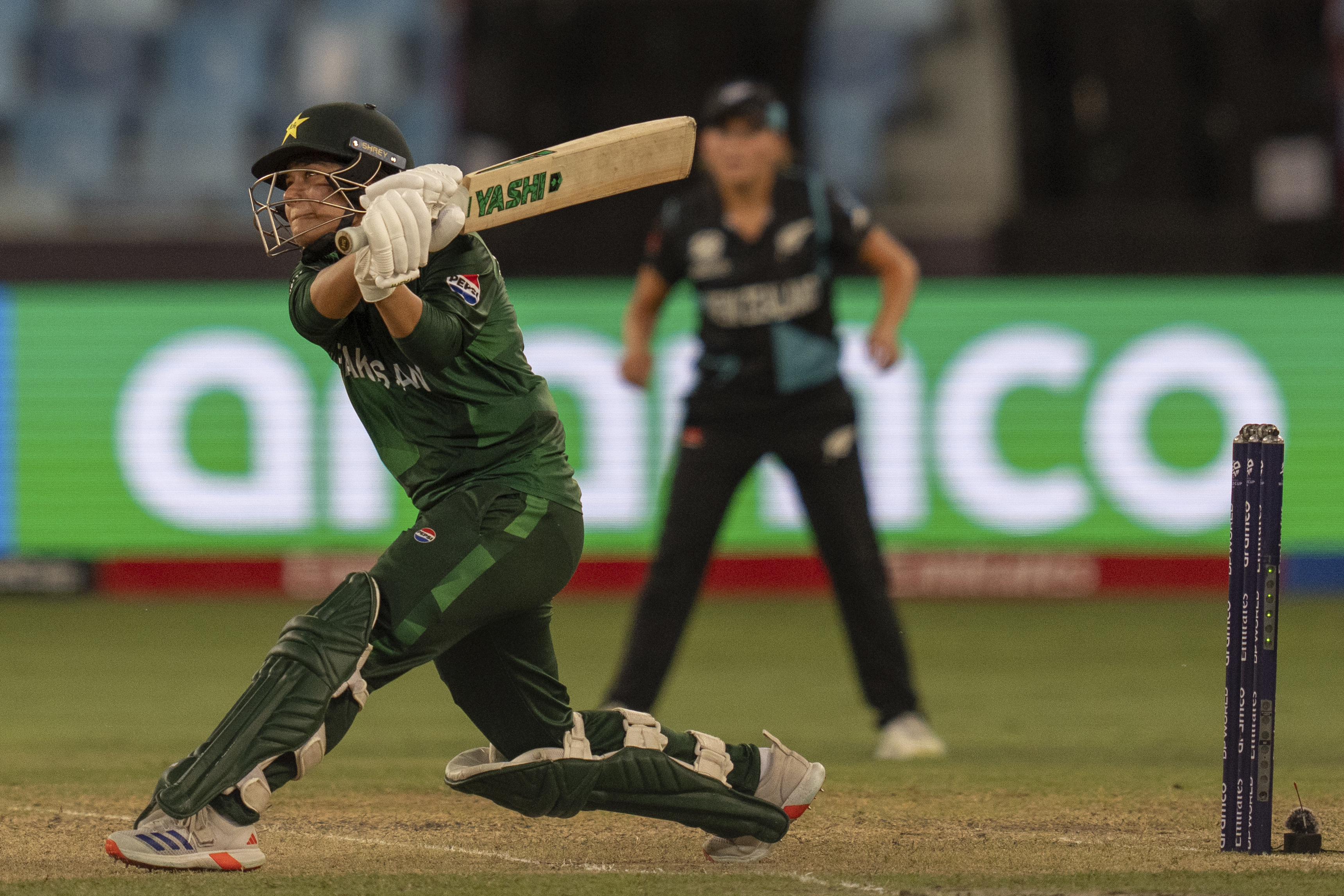 Pakistan's captain Fatima Sana bats during the ICC Women's T20 World Cup 2024 match between Pakistan and New Zealand at Dubai International Stadium, United Arab Emirates, Monday, Oct. 14, 2024. (AP Photo/Altaf Qadri)