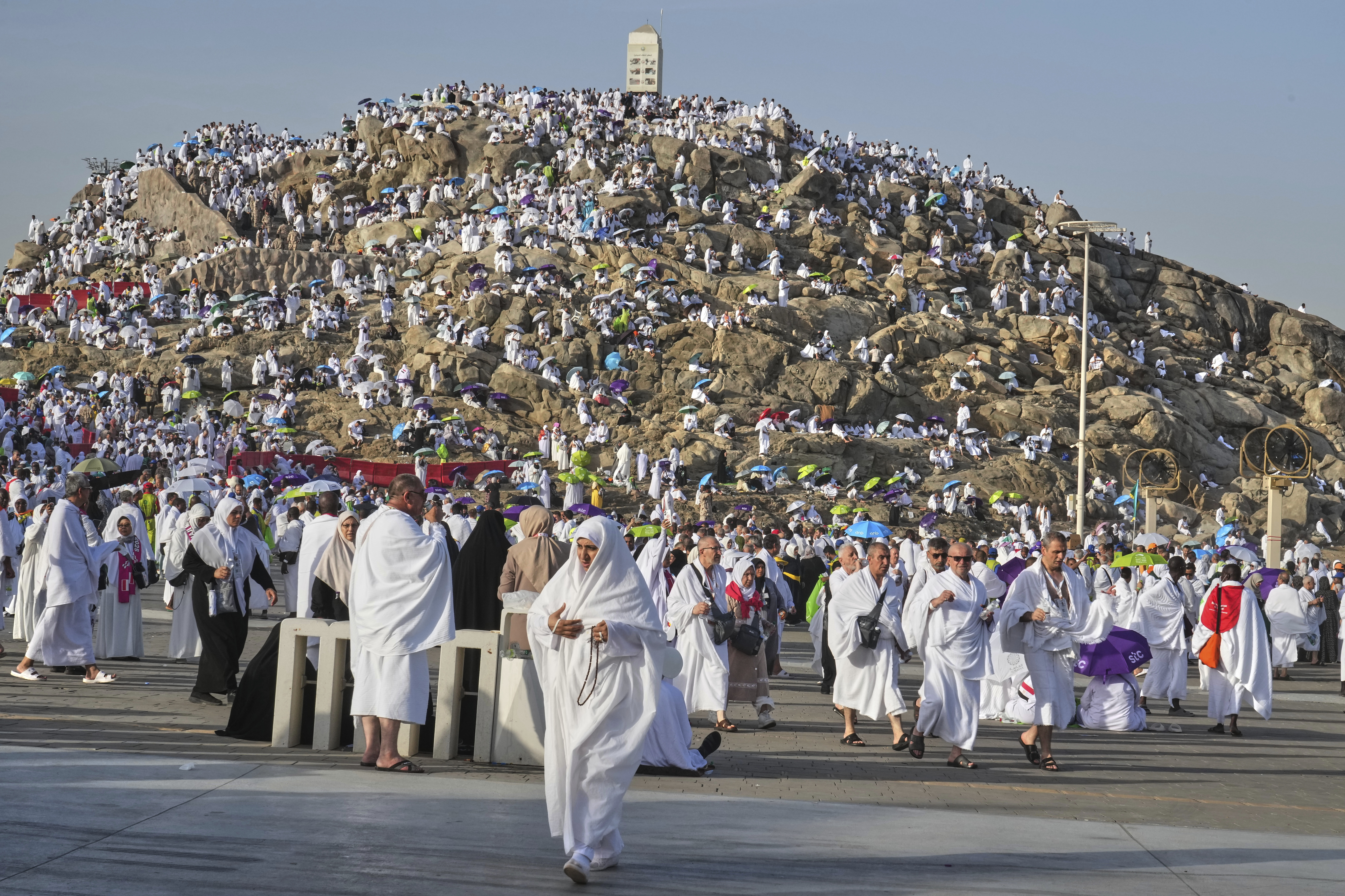 Muslim pilgrims gather on top of the rocky hill known as the Mountain of Mercy, on the Plain of Arafat, during the annual Hajj pilgrimage near the holy city of Mecca, Saudi Arabia, on June 5, 2025