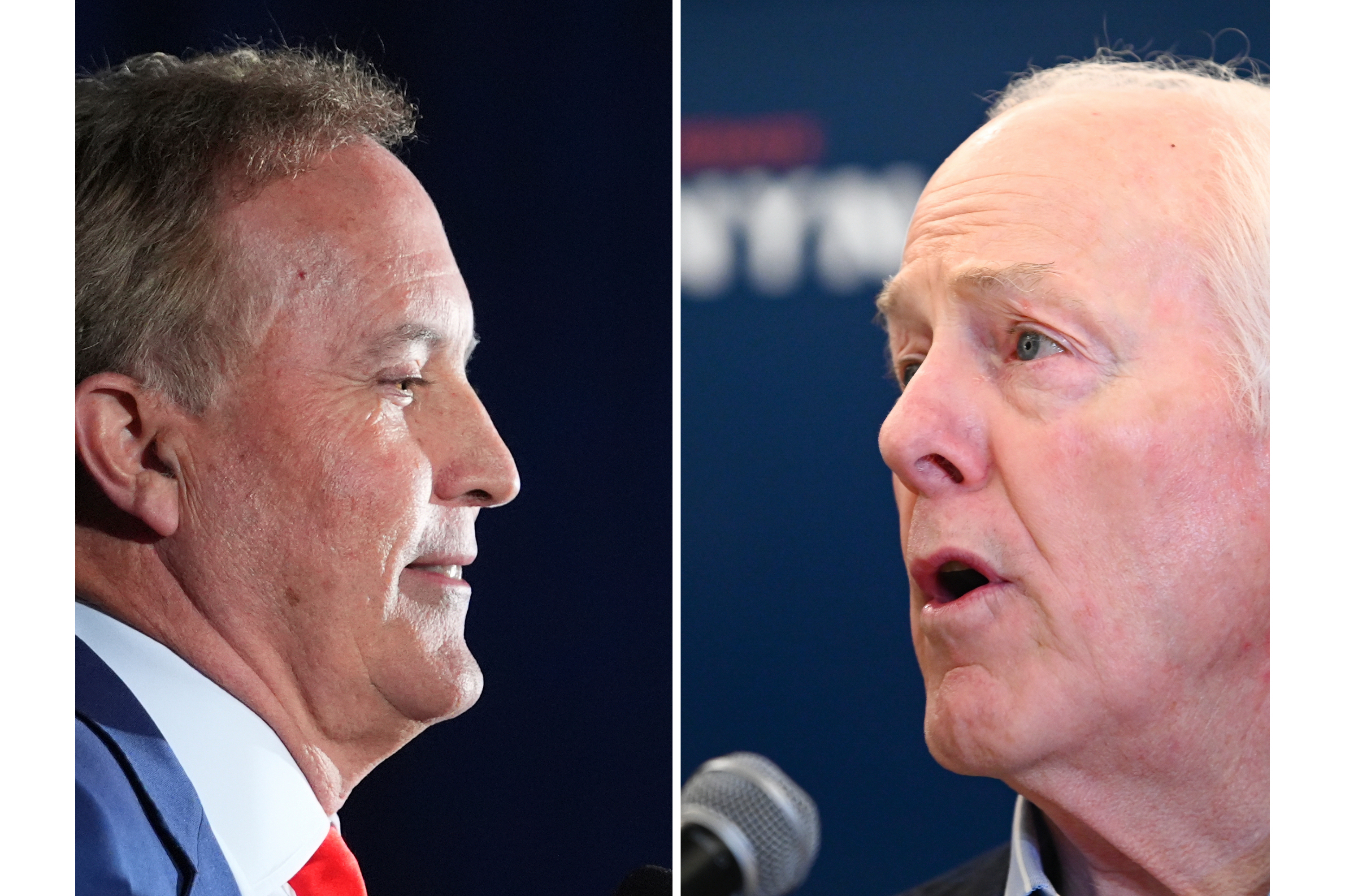 This photo combination shows Texas Attorney General Ken Paxton, left, in Dallas and Sen. John Cornyn, R-Texas, in Austin