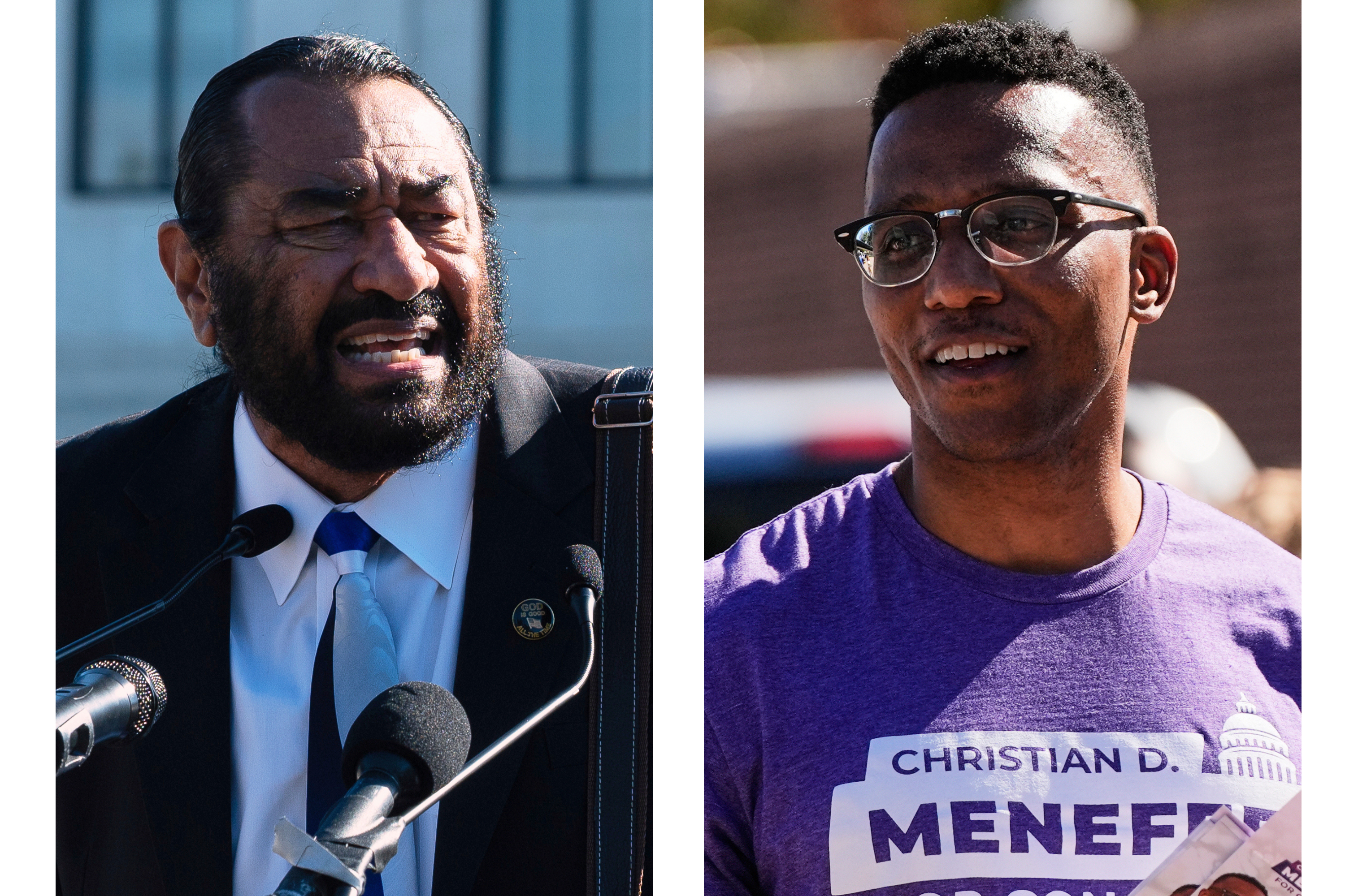 This combination of file images shows Rep. Al Green, D-Texas, in Washington on Oct. 15, 2025, left, and Rep. Christian Menefee, D-Texas, in Houston on Nov. 4, 2025