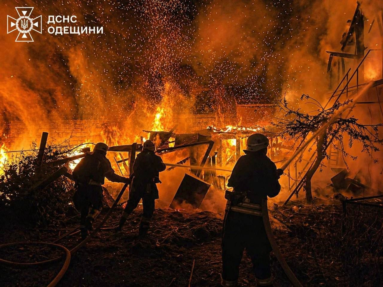 In this photo provided by the State Emergency Service of Ukraine on Wednesday, April 29, 2026, rescue workers extinguish a fire in a residential building destroyed by a Russian drone strike on Odesa region, Ukraine, where attacks continued on Thursday night [Ukrainian Emergency Service via AP]