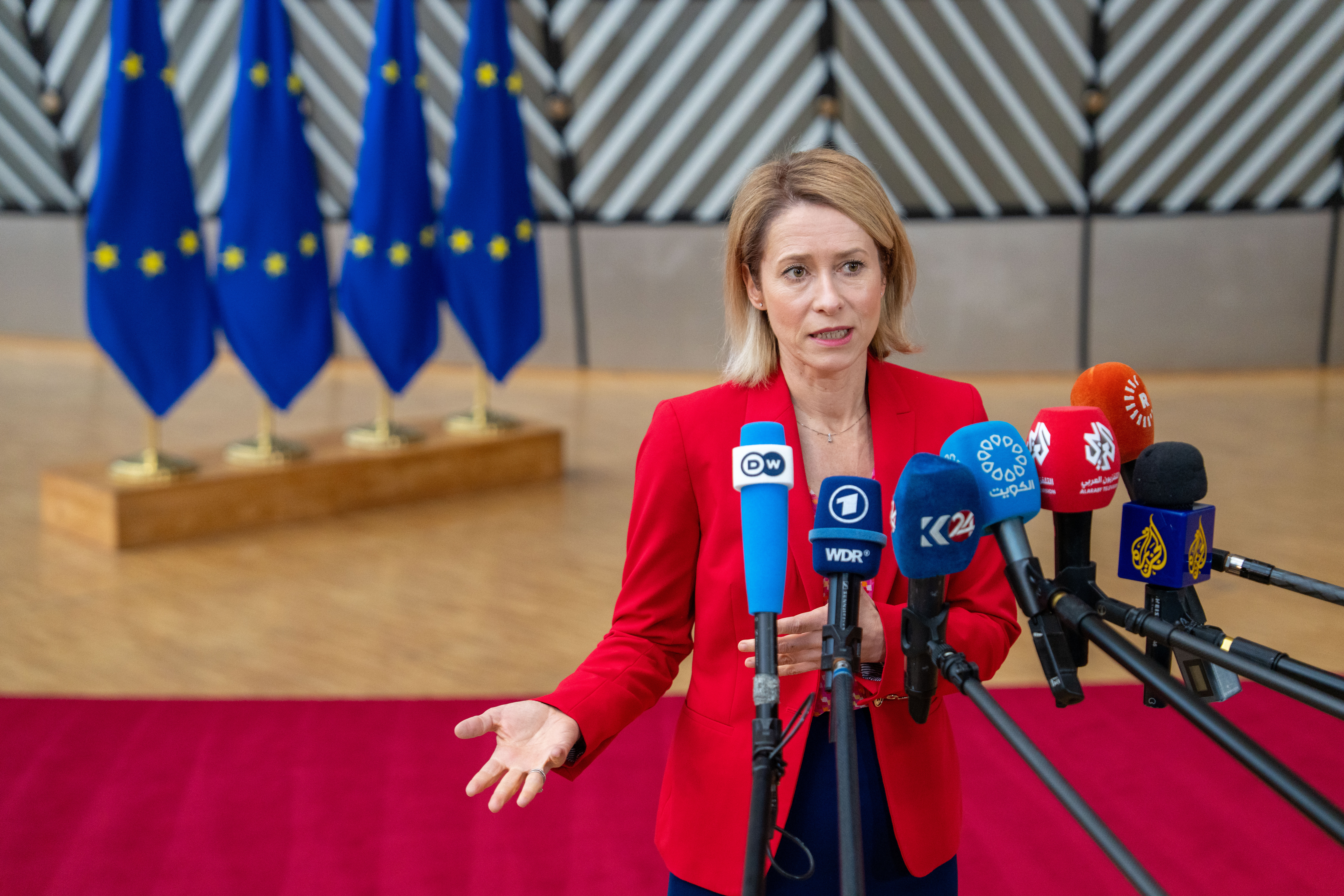 European Union foreign policy chief Kaja Kallas speaks with the media as she arrives for a meeting of EU foreign ministers at the European Council building in Brussels, Belgium on May 11, 2026.