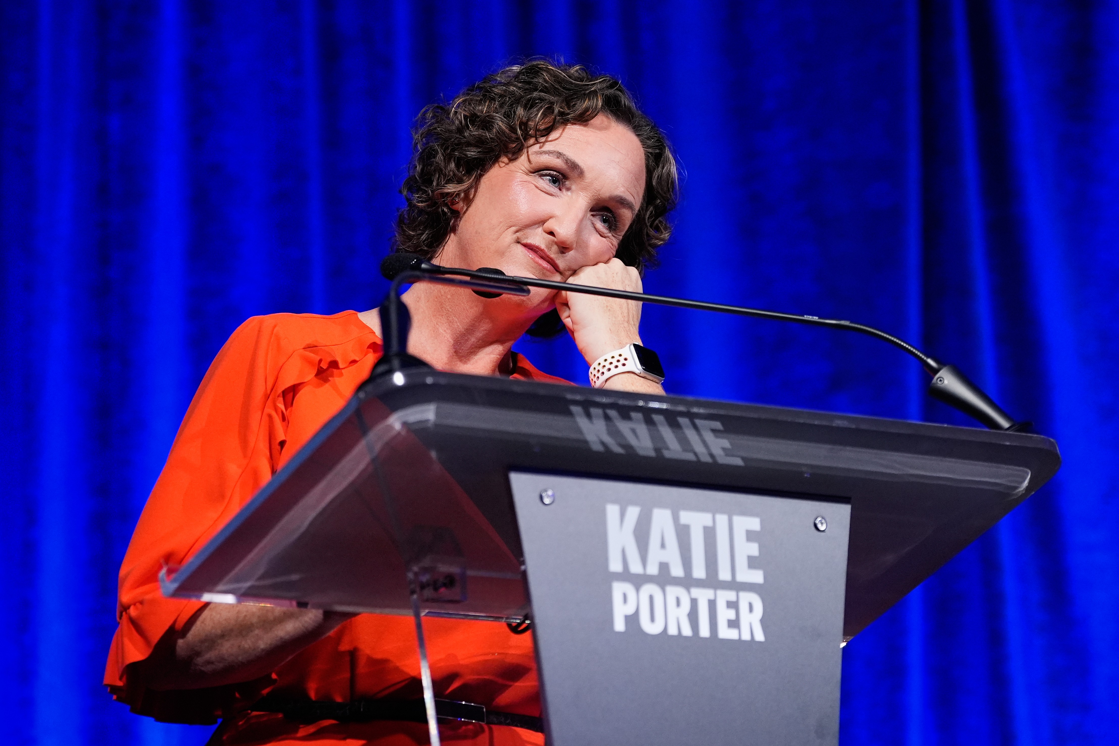 Katie Porter at a podium for the California gubernatorial debate