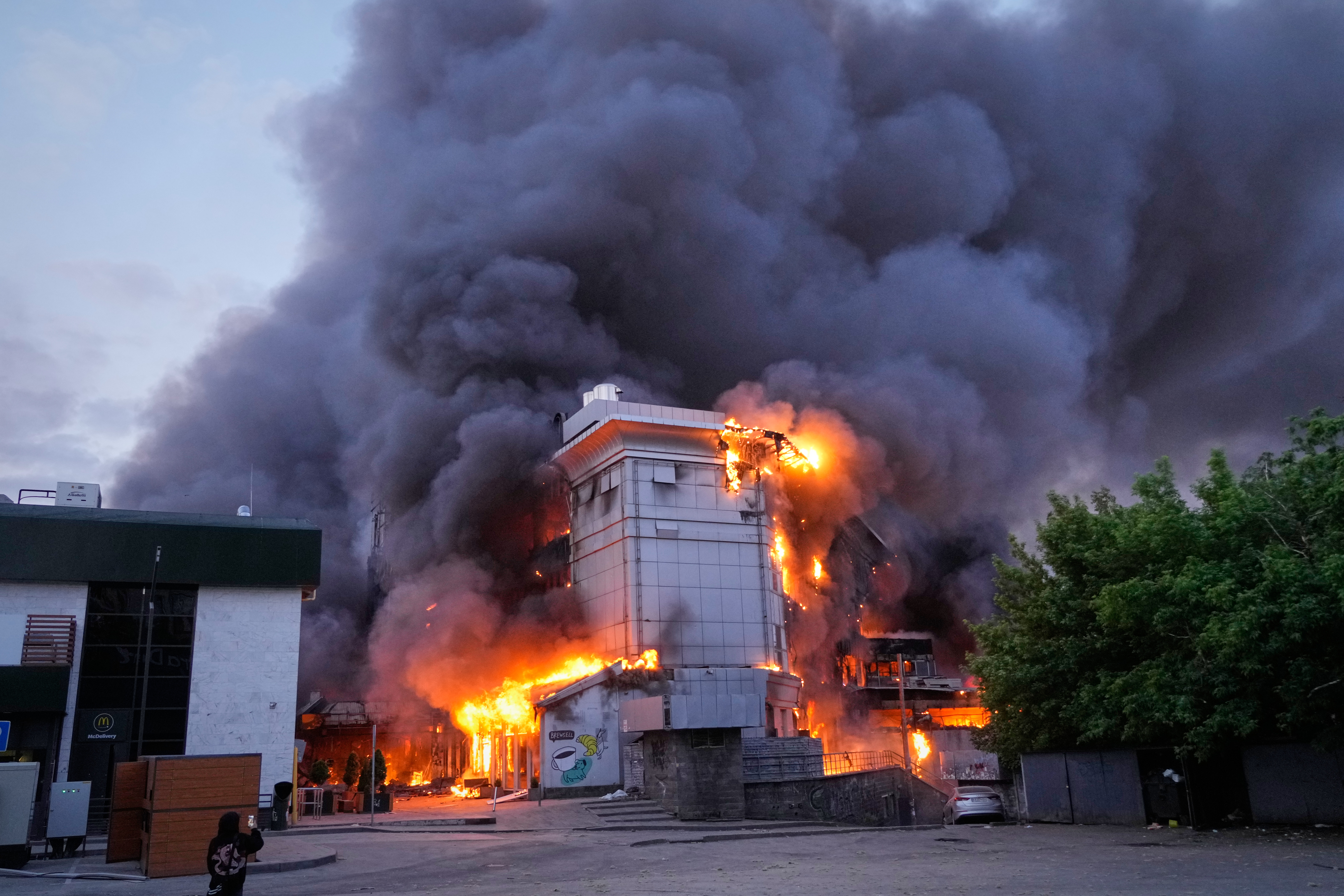 A building burns after a Russian missile attack in Kyiv
