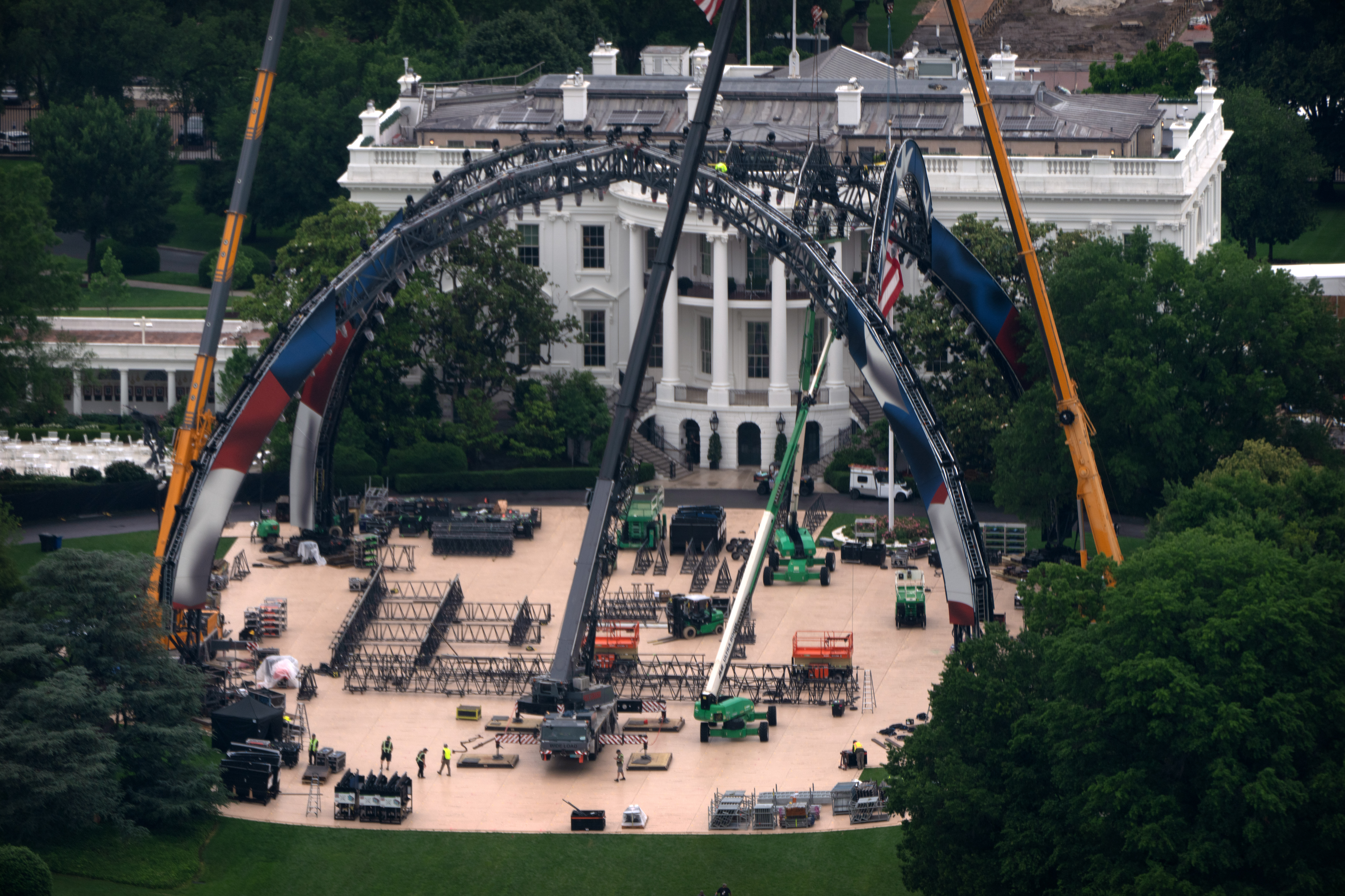 Equipment being placed on the South Lawn of the White House before UFC fight as part of America 250 celebrations