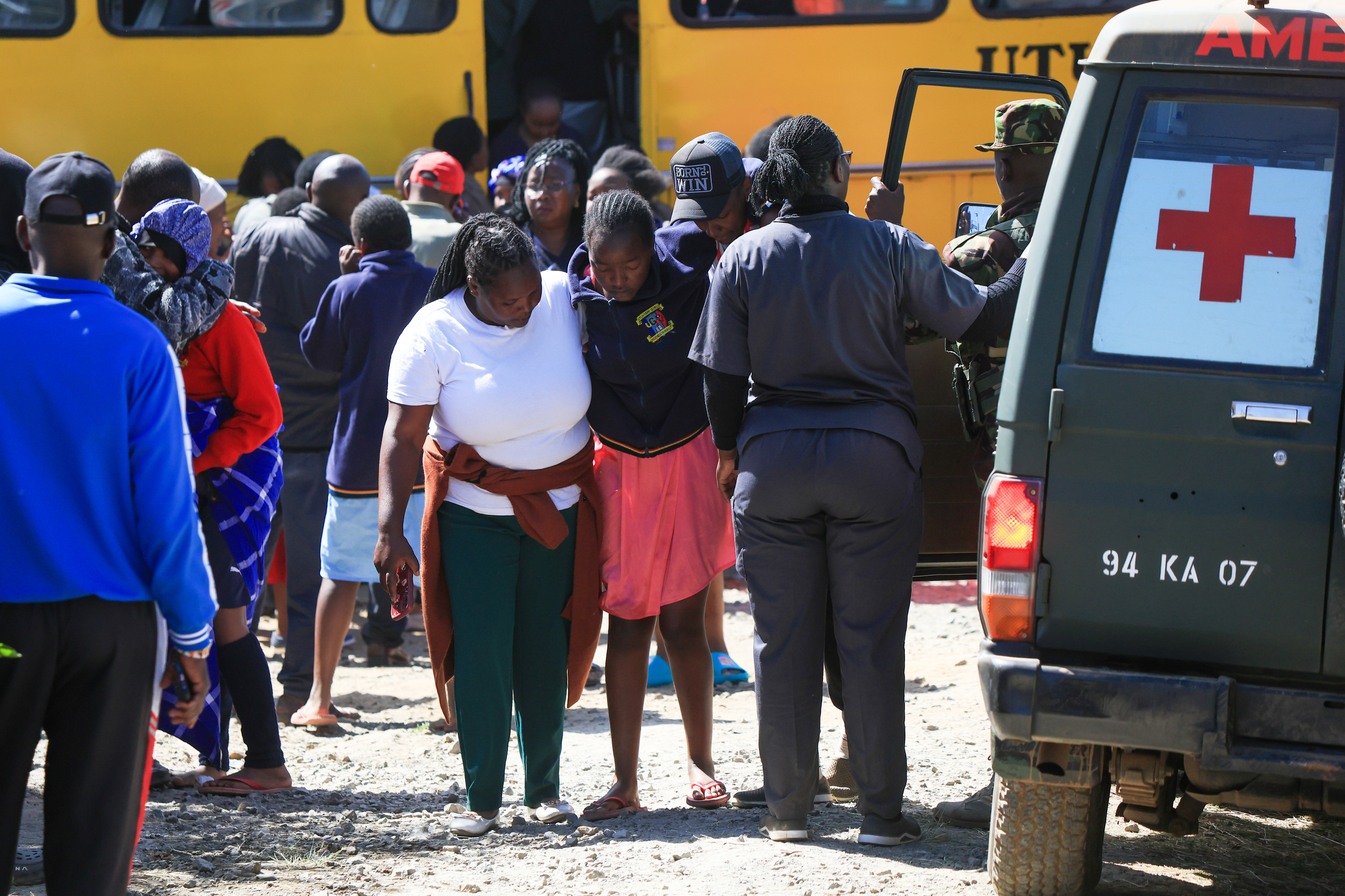An injured student is evacuated 