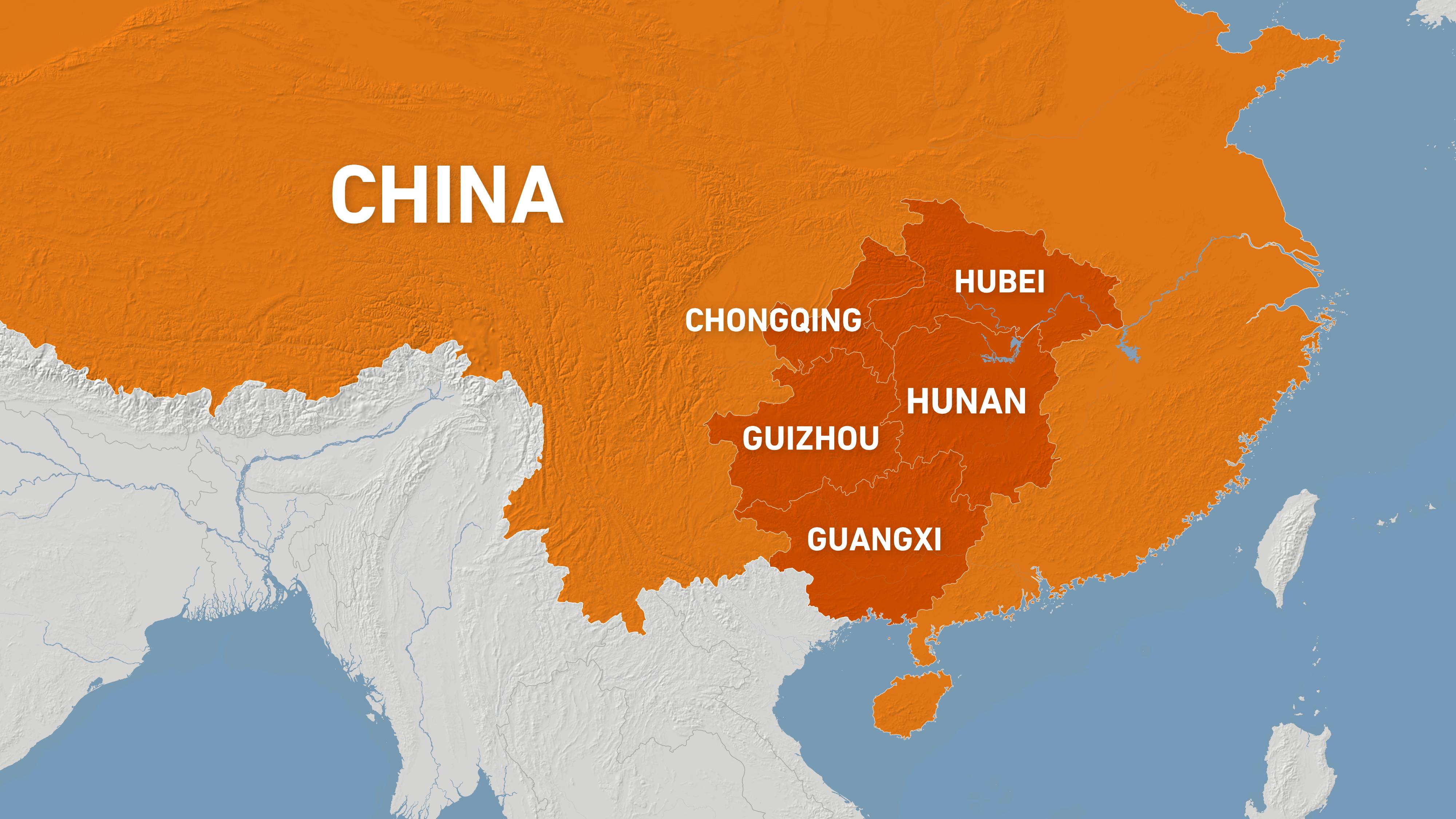 Map showing Chinese provinces affected by weather warnings