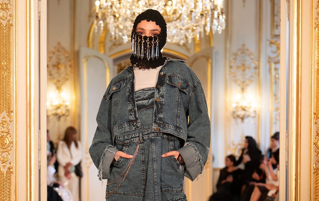 French label Soutoura’s crystal-embellished crochet balaclava on the runway at Paris Modest Fashion Week
