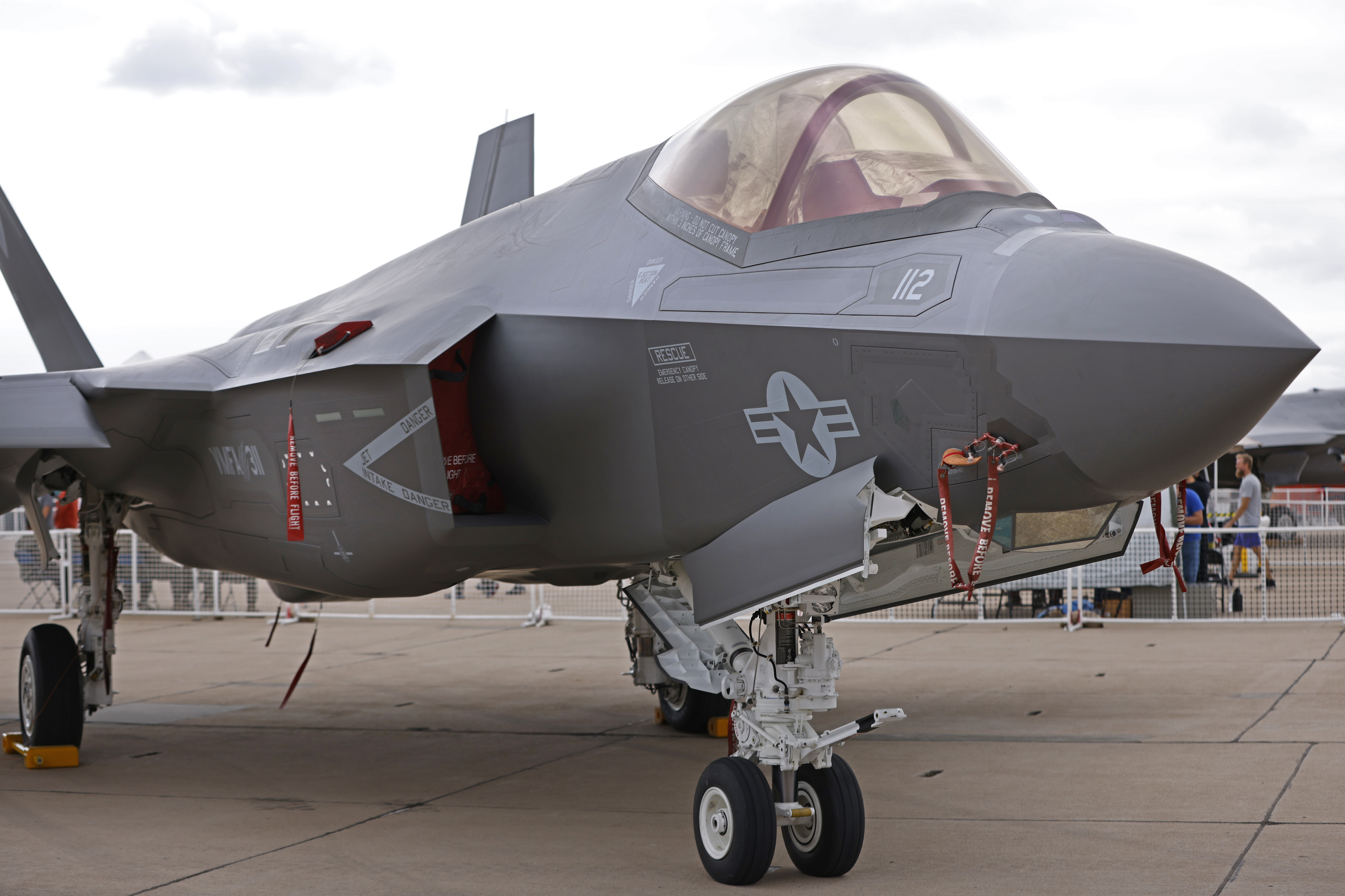 A U.S. Marine Corps Lockheed Martin F-35C Lightning II (Joint Strike Fighter) from Marine Fighter Attack Training Squadron 311 is displayed at America's Air Show at Marine Corps Air Station Miramar on September 26, 2025 in San Diego, California.