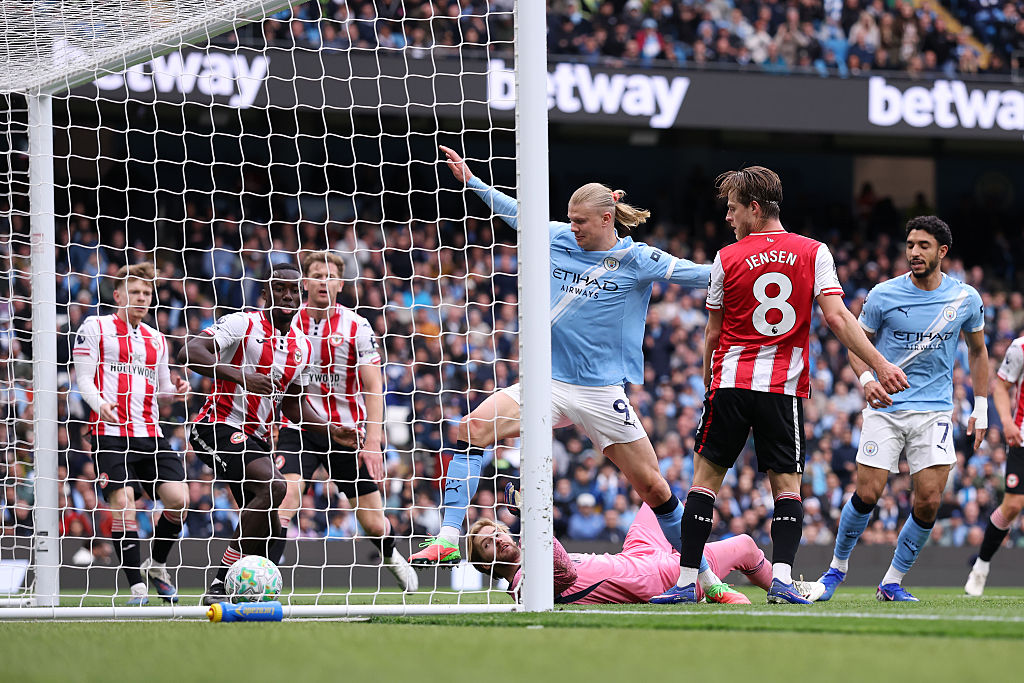 Erling Haaland of Manchester City scores his team's second goal during the Premier League