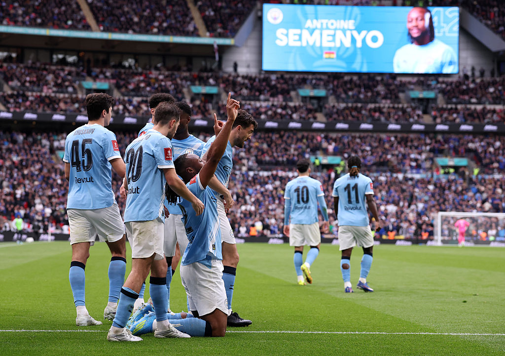 Antoine Semenyo of Manchester City celebrates scoring his team's first goal during the Emirates FA Cup Final match between Chelsea and Manchester City