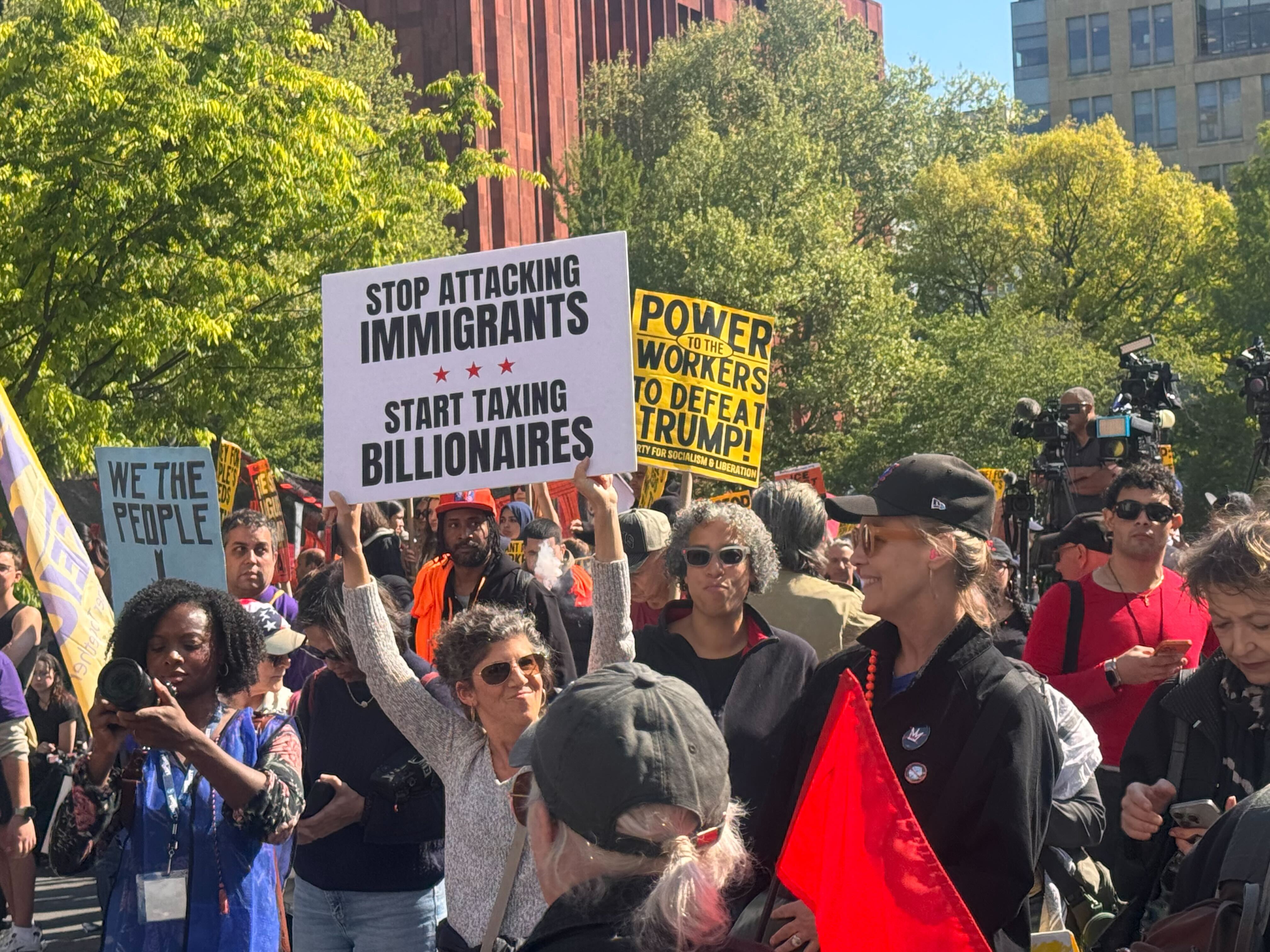 Demonstrators protesting for worker rights in Washington Square Park in New York City on 1 May, 2026