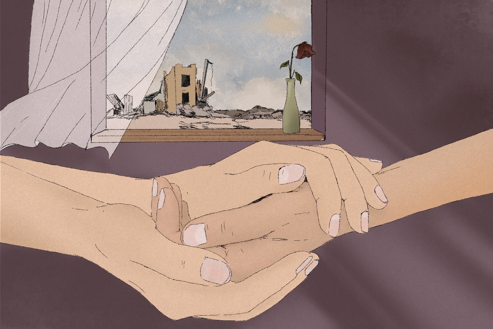 An illustration of hands holding against the background of destruction
