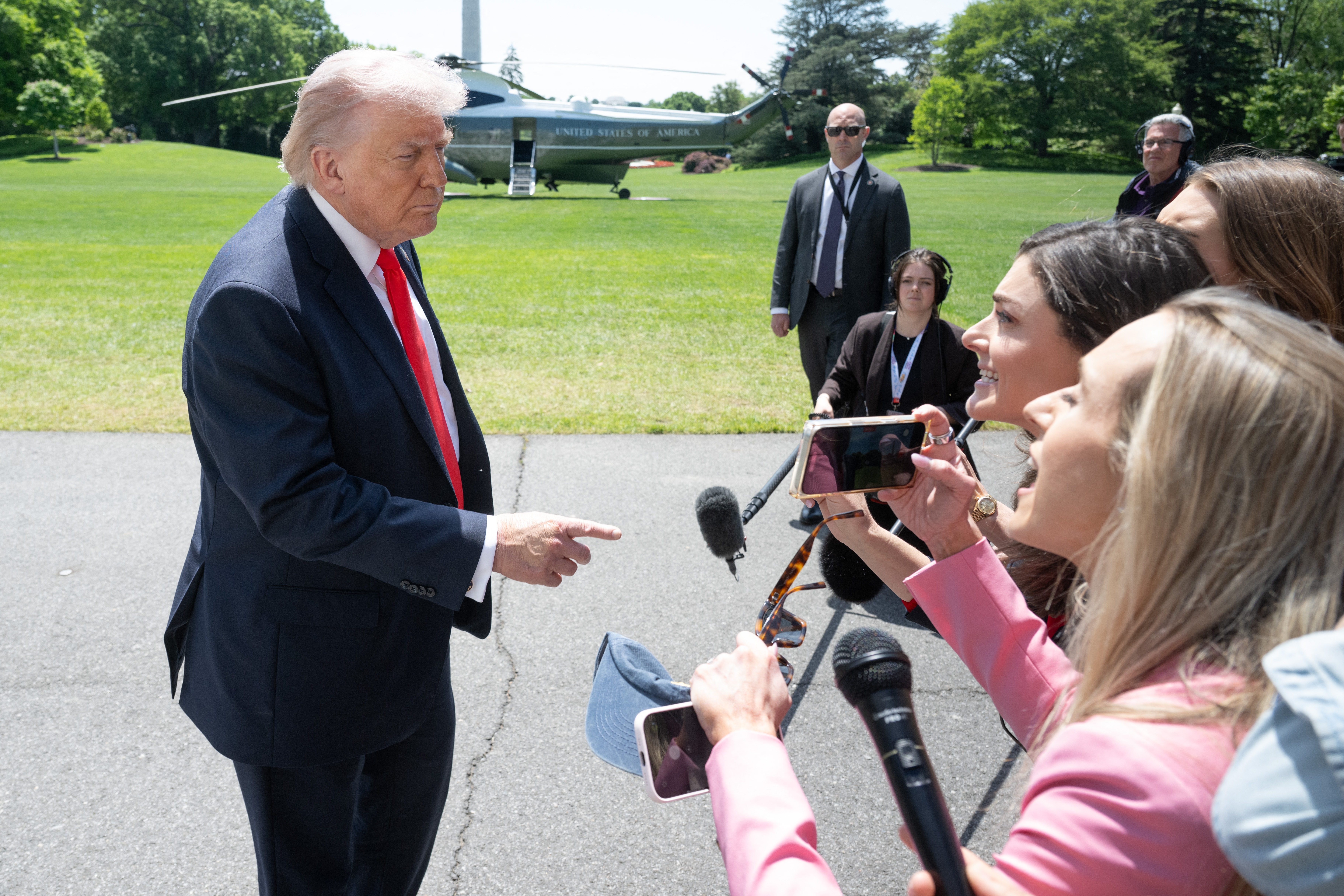 US President Donald Trump speaks with the media prior to departing from the South Lawn of the White House in Washington, DC, May 1, 2026