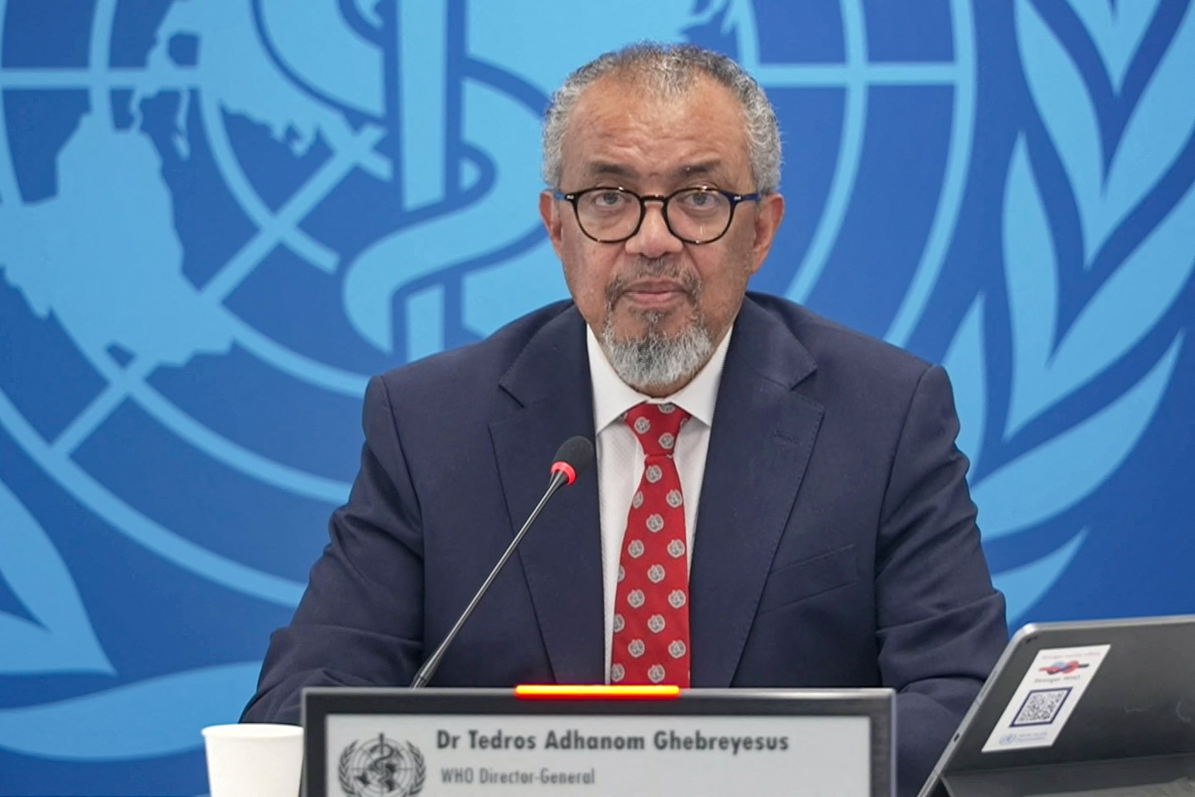 This video grab from AFP TV video shows a view of Director-General Tedros Adhanom Ghebreyesus speaking during a virtual press conference on the hantavirus cluster linked to a cruise ship travel, in Geneva, on May 7, 2026.