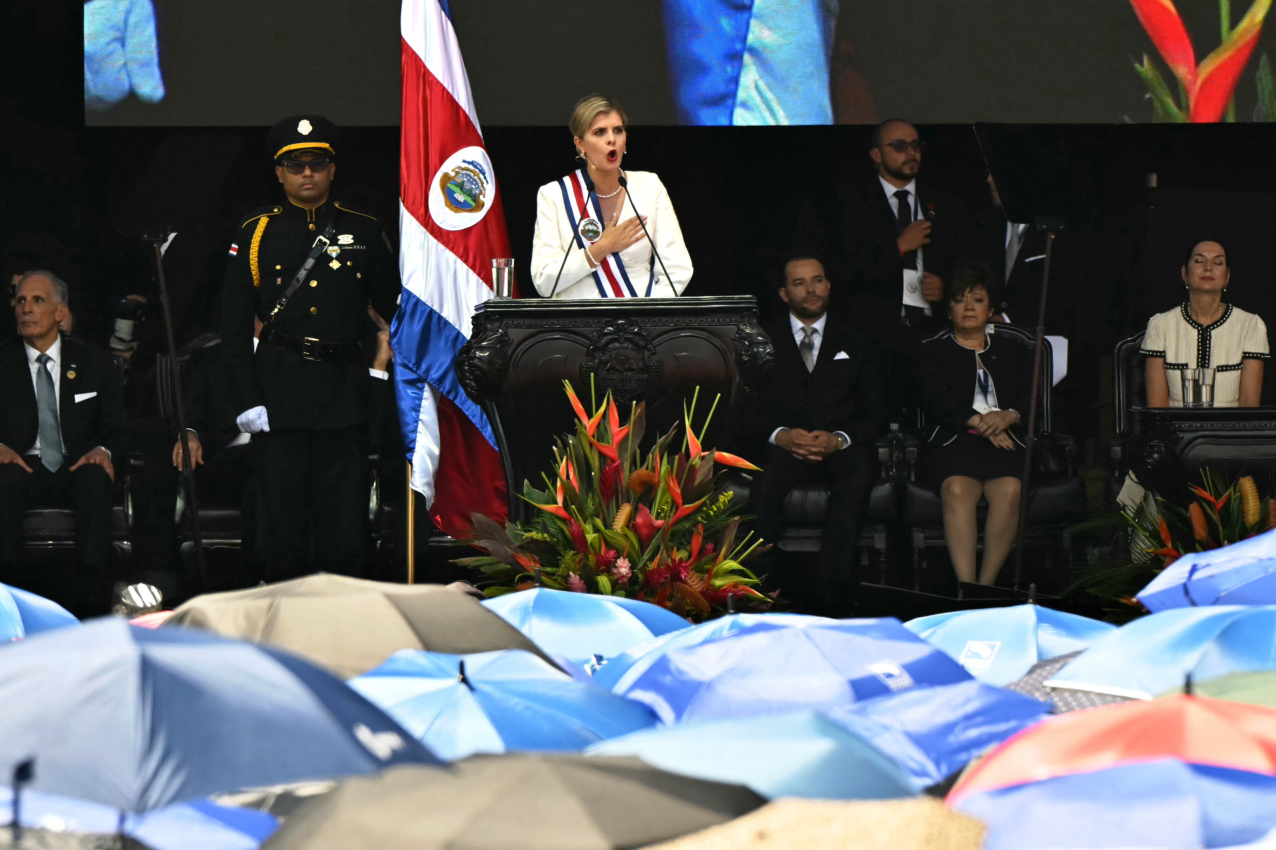 Costa Rica's new President Laura Fernandez gestures as she speaks during her inauguration ceremony at the National Stadium in San Jose, on May 8, 2026.
