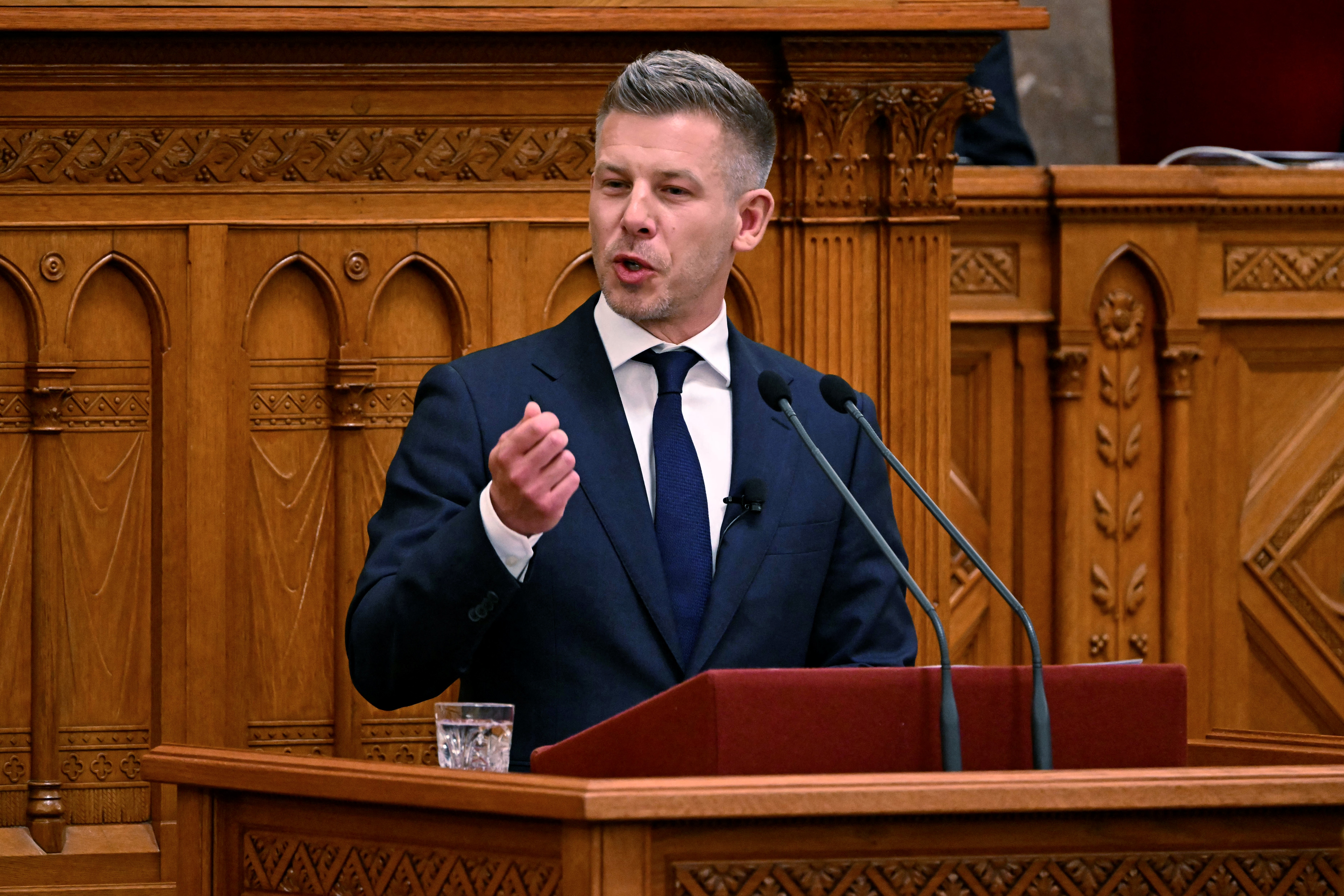 Hungary's incoming Prime Minister Peter Magyar delivers a speech during his swearing-in ceremony at the Hungarian parliament in Budapest on May 9, 2026.