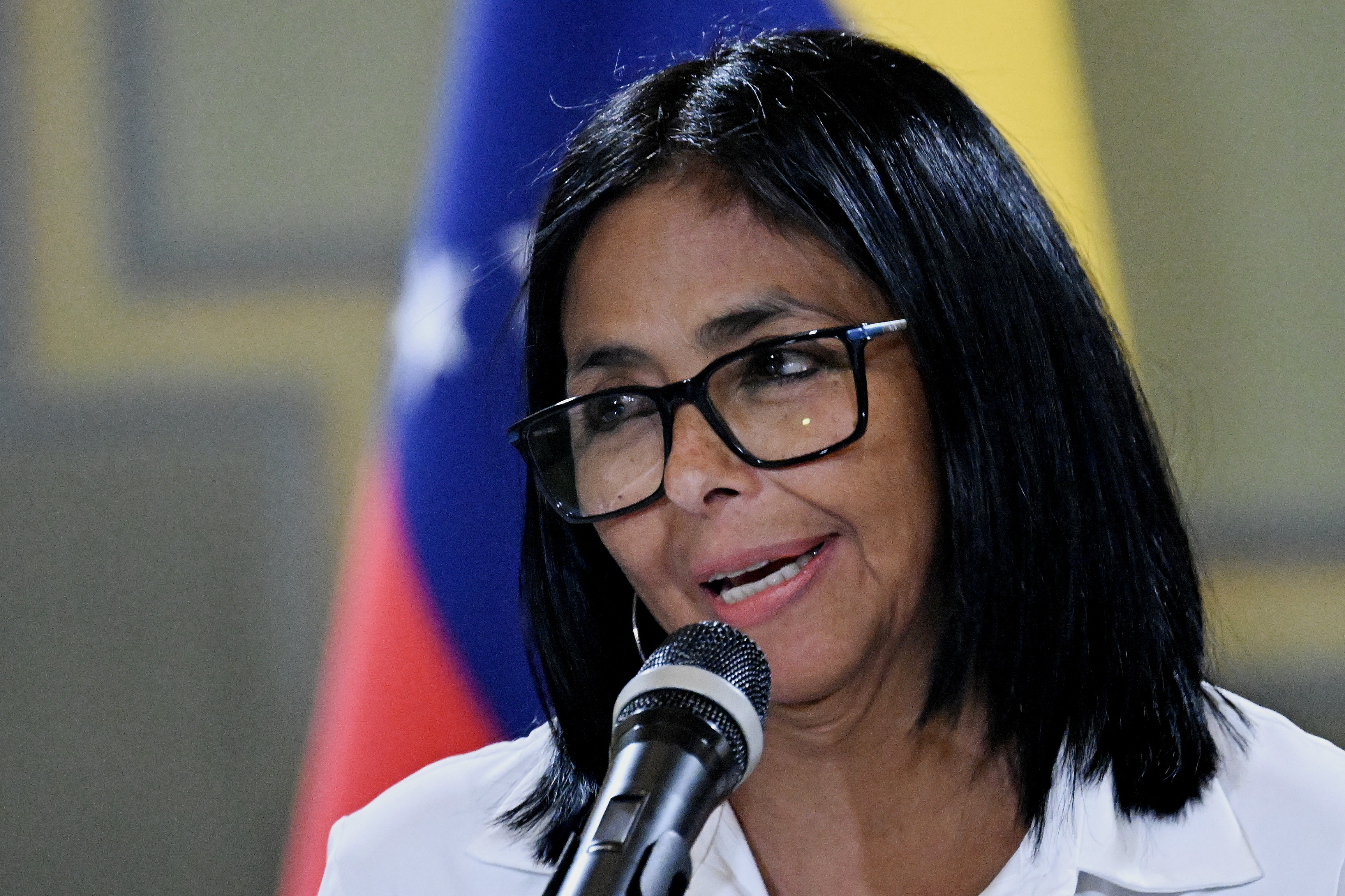 (FILES) Venezuela's interim President Delcy Rodriguez speaks during a press conference after a signing of an agreement ceremony between Chevron Venezuela and the national government at the Miraflores Palace in Caracas on April 13, 2026.